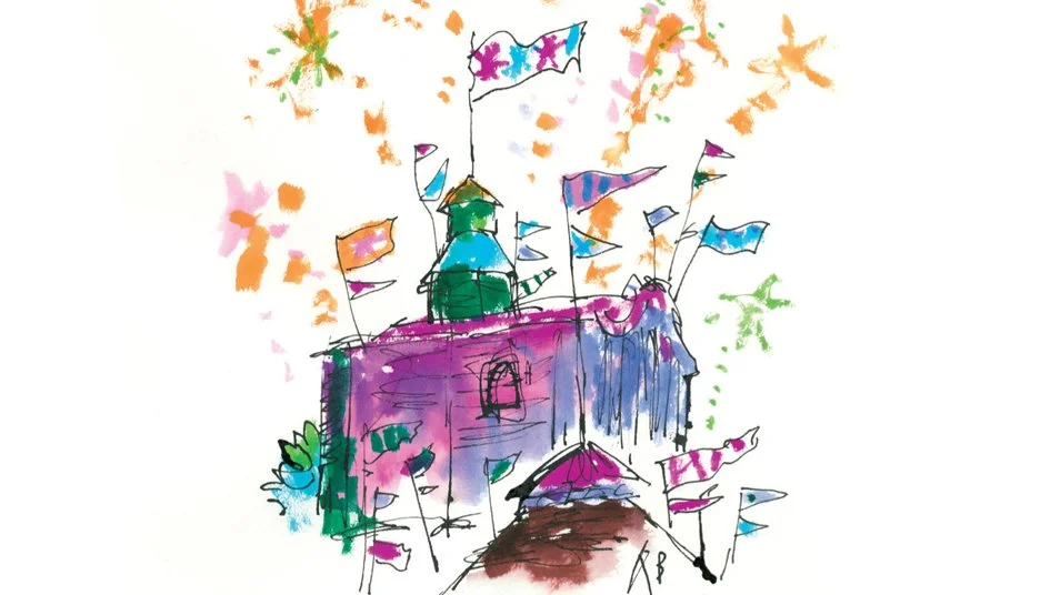 Colorful, abstract drawing of a castle with flags and a path leading to the entrance