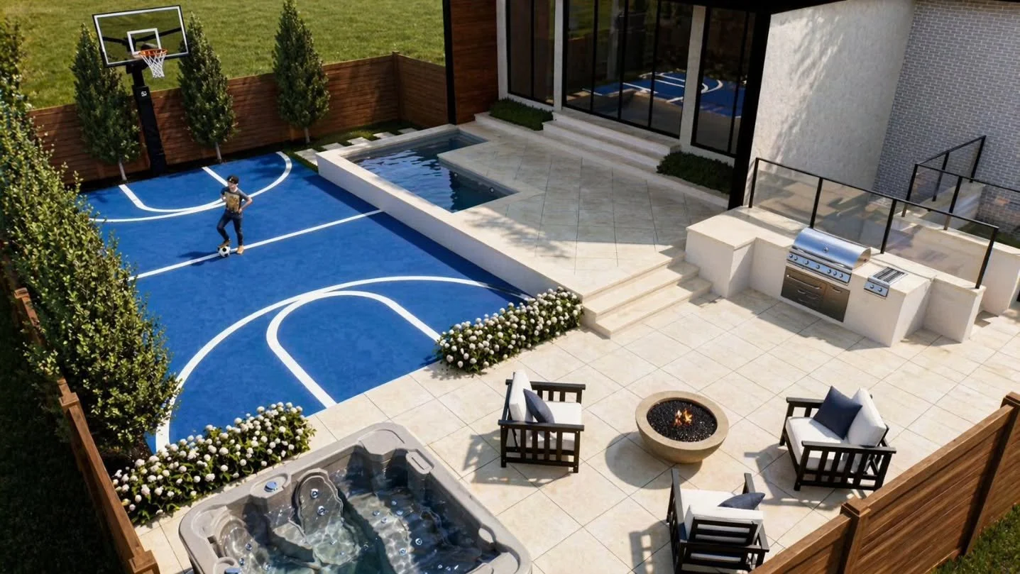 Small yard. Big vision. 🔥

This Oakville project proves you don&rsquo;t need massive space to create something incredible. Our client wanted a raised plunge pool and a full sports court for his son &mdash; and we delivered a sleek, modern design tha