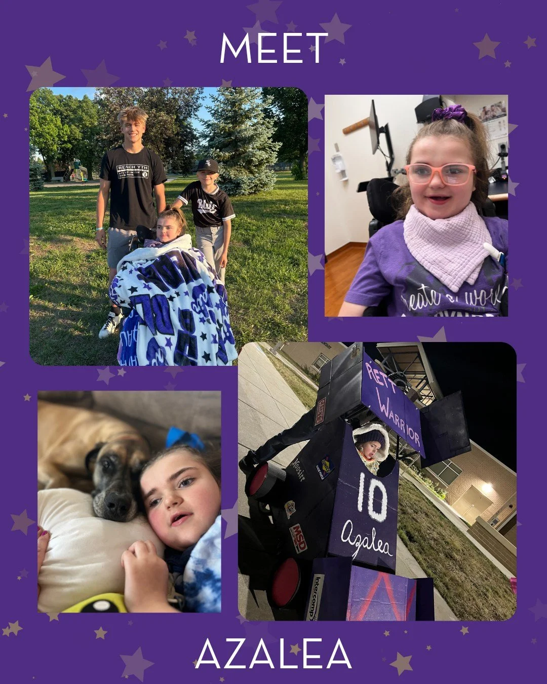 Meet Azalea! ✨💜 
Azalea has Rett Syndrome and lives in Nebraska. Azalea loves music, Adam Levine, TJ beary tales, sweets and doing outside activities. She is very vocal and loves telling everyone what she thinks on her Tobii. 

Visit our website to 
