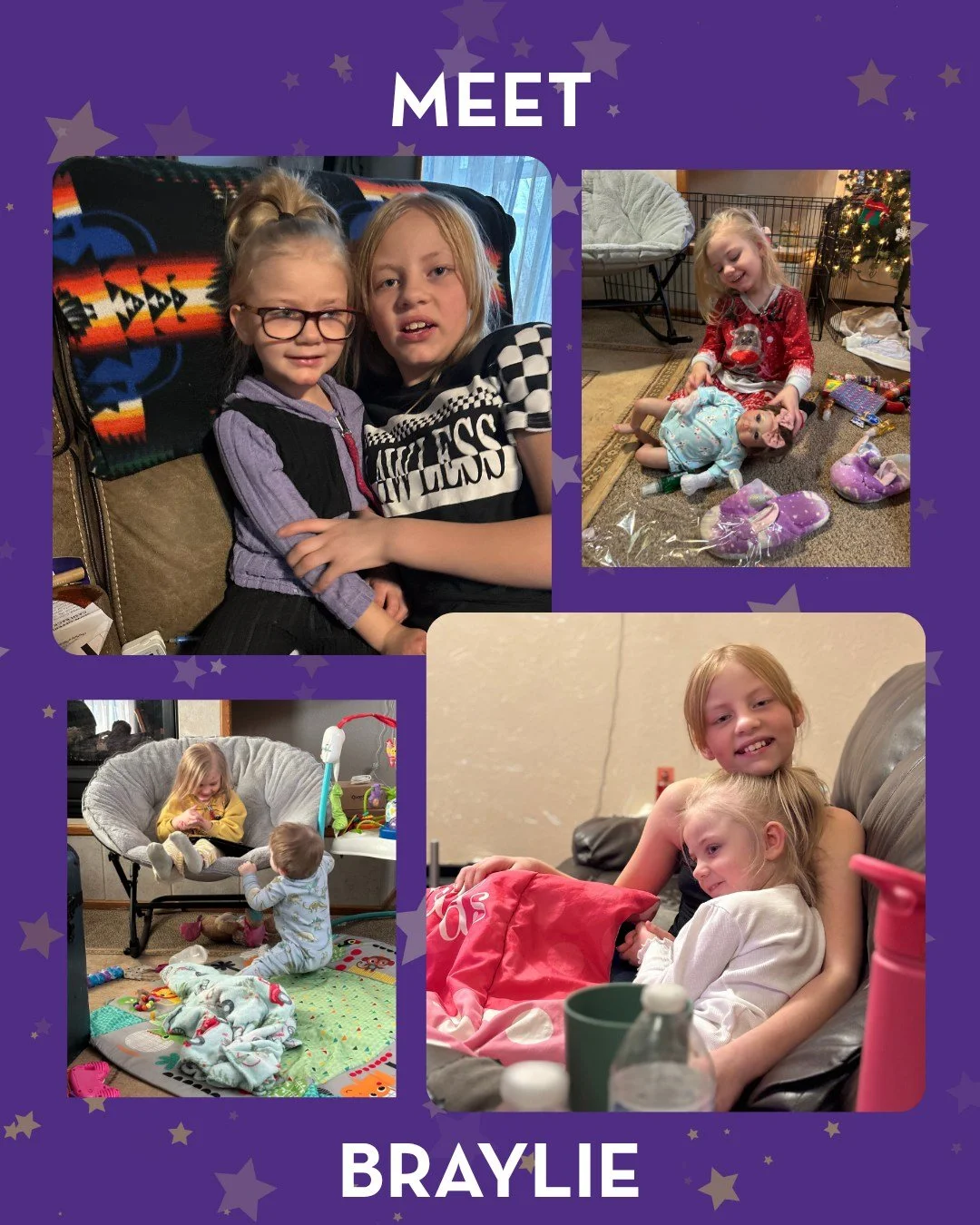 Meet Braylie! ✨💜 
Braylie has Rett Syndrome and lives in Colorado. Braylie is so spunky and so full of life. She is non verbal but she will tell you what she wants or if she doesn&rsquo;t like something. She is so smart and she doesn&rsquo;t give up