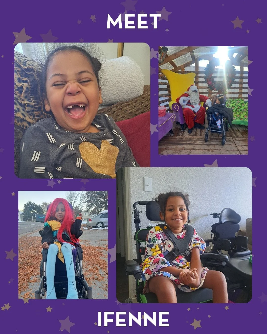 Meet Ifenne! ✨💜 
Ifenne has Rett Syndrome and lives in Colorado. Ifenne is 8 years old and was diagnosed with Rett Syndrome when she HAD just turned 3. She may not be able to speak, but she brings joy to everyone she meets. She's a social butterfly