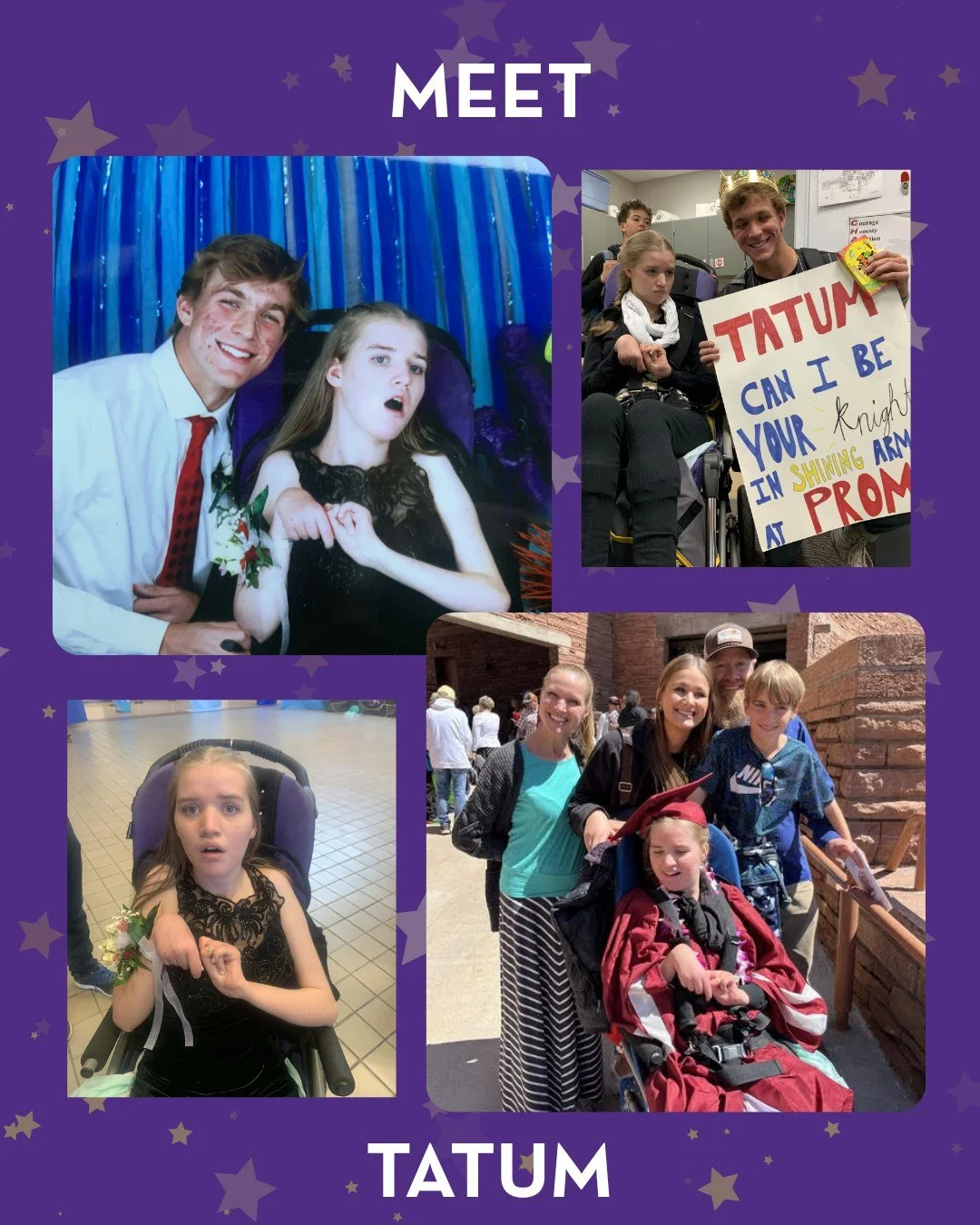Meet Tatum! ✨💜 
Tatum is 19 years old and she has Rett Syndrome. Tatum recently graduated from Chatfield Senior High School and has been attending a transition program at Fletcher Miller School for the past year and a half. She loves music and being