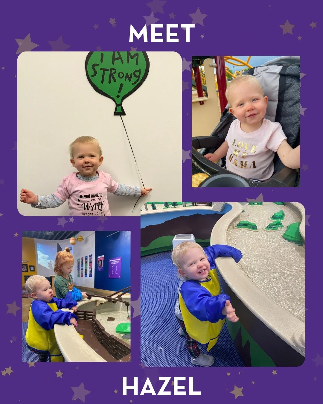 "Meet Hazel! ✨💜 
Hazel has CDKL5 and lives in Montana. Over the past year, Hazel's journey has taken her to renowned medical centers such as the Mayo Clinic and Colorado Children's Hospital, where she has received exceptional care and support.