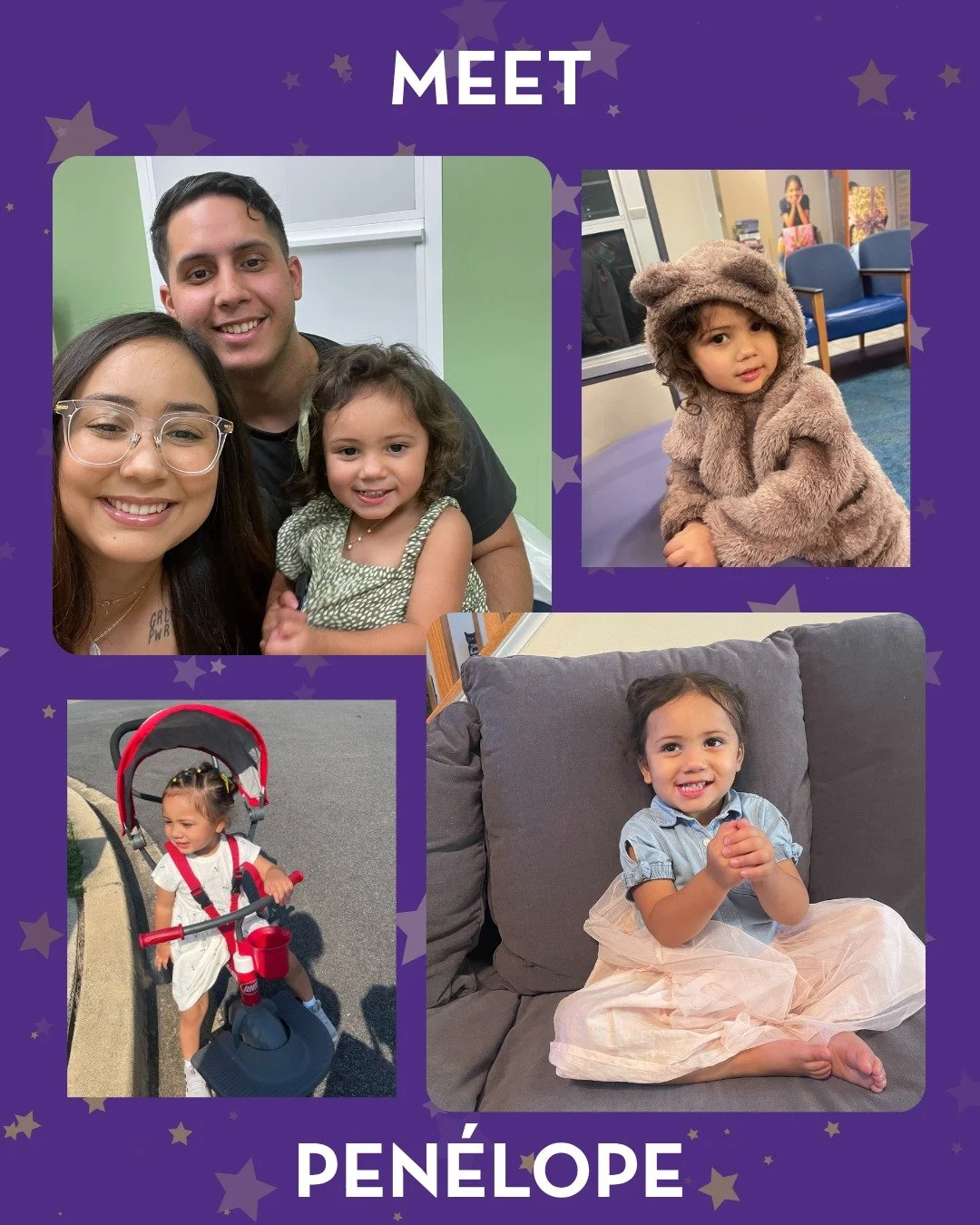 Meet Penélope! ✨💜 
Penélope has Rett Syndrome and lives in Colorado. She loves Ms. Rachel, balls, tickles and playing hide and seek. She loves her brother, and his hugs. She also enjoys being outdoors and silly hats. 
#rettstars #retts