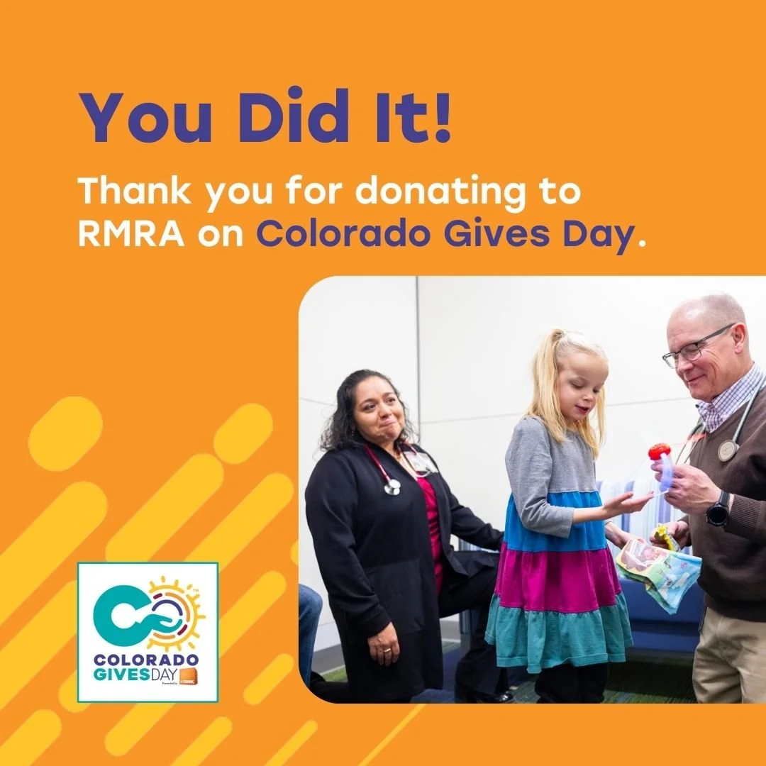 Thank you for donating to RMRA this Colorado Gives Day! Your donation benefits the Rett Clinic at Children's Hospital Colorado to continue and expand operations, fund research, and support children and families who are affected by Rett Syndrome. 💜 
