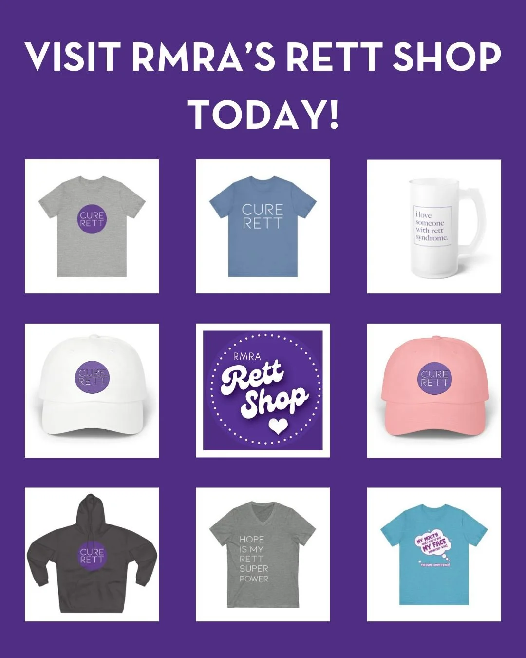 RMRA's Rett Shop is open for the holidays! 🎊🎄

Give your loved ones the gift of spreading awareness for Rett Syndrome all year round. Choose from a variety of apparel, travel mugs, ornaments, and more! 💜

Click the link in our bio to visit our web