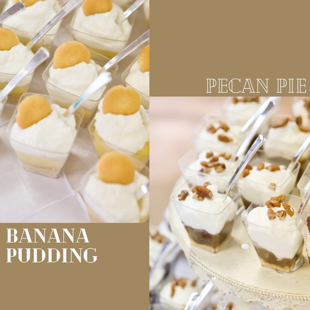 This or that Thursday! Banana pudding or pecan pie? Comment below! These are our dessert shooters that we can make for a delicious treat at reception, reach out for more info!