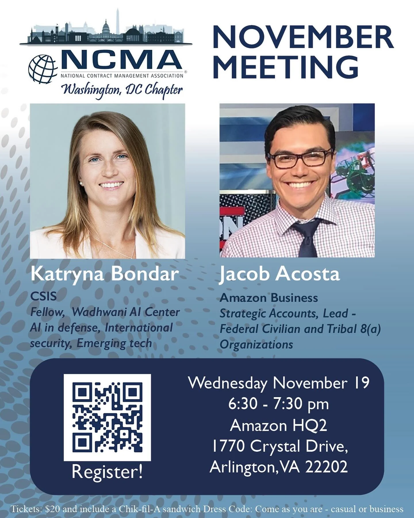 Join us November 19 at 5:30 PM for a panel on Contingency Contracting &amp; Tactical Procurement with Jacob Acosta (Amazon Business) and Kate Bondar (CSIS)!

Hosted at Amazon HQ2, enjoy Chick-fil-A, a view of the Potomac, and a discussion on how gove