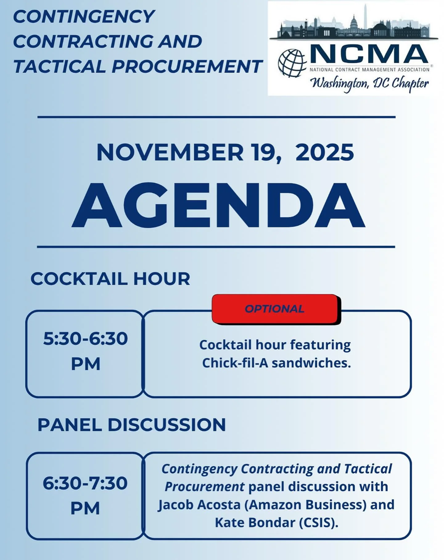 NCMA DC is hosting Contingency Contracting &amp; Tactical Procurement featuring Jacob Acosta from Amazon Business and Kate Bondar from CSIS. 

📍 Amazon HQ2, Crystal City (1770 Crystal Drive) &mdash; with stunning Potomac views and a casual dinner in