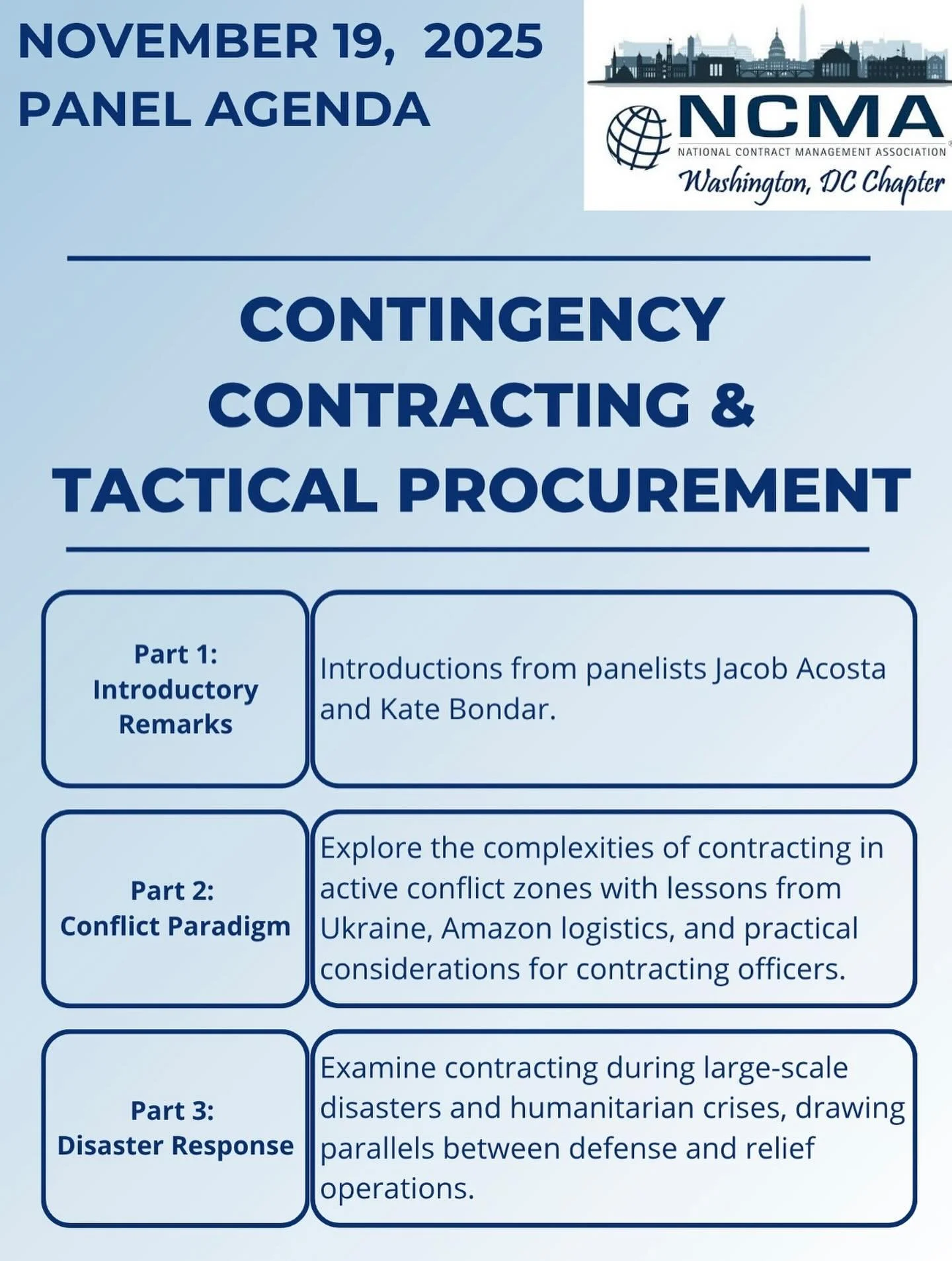 On November 19 from 5:30 to 7:30 PM, join NCMA DC for a panel on Contingency Contracting &amp; Tactical Procurement.

Featuring Jacob Acosta (Amazon Business) and Kate Bondar (CSIS), we&rsquo;ll explore how contracting officers, industry partners, an