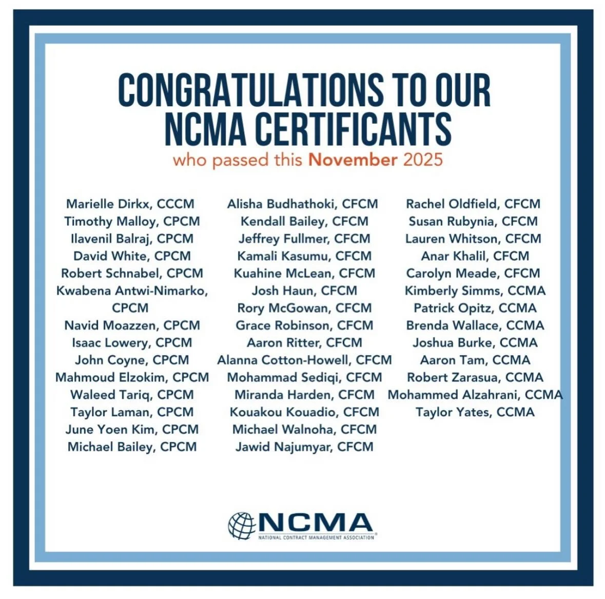 🎉 Big congratulations to our NCMA DC members who earned their NCMA certifications in November 2025!

Cheers to your achievement - and everything ahead!