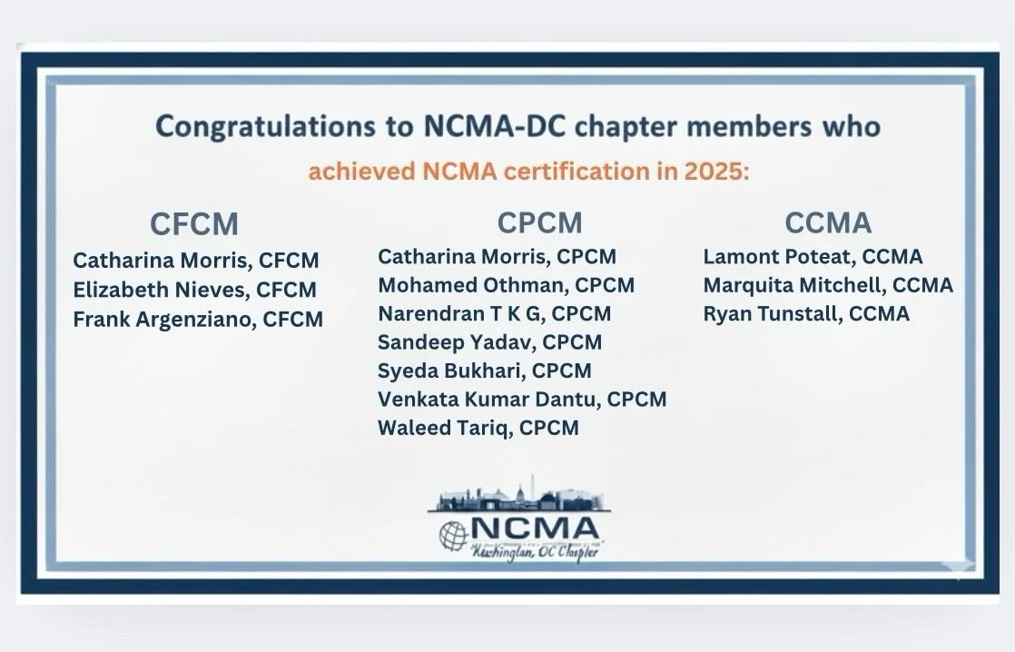 🎉 Congratulations to our NCMA DC members who obtained a NCMA certification in 2025! 

Join us in recognizing these members for their hard work 👏