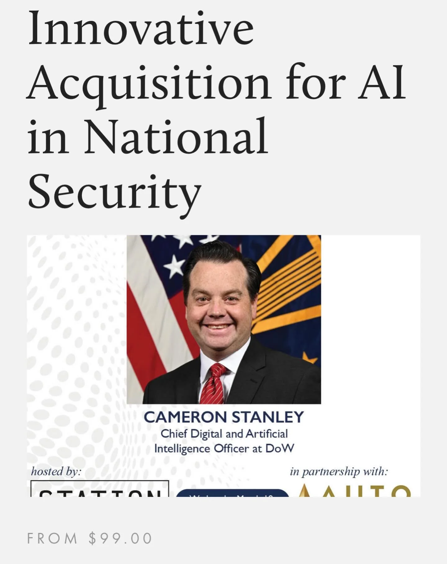 1 week away from Station DC&rsquo;s x NCMA DC&rsquo;s Innovative Acquisition for AI in National Security 🎉

Join NCMA DC as Cameron Stanley shares his AI acquisition playbook.

📆 March 18 | 📍Station DC