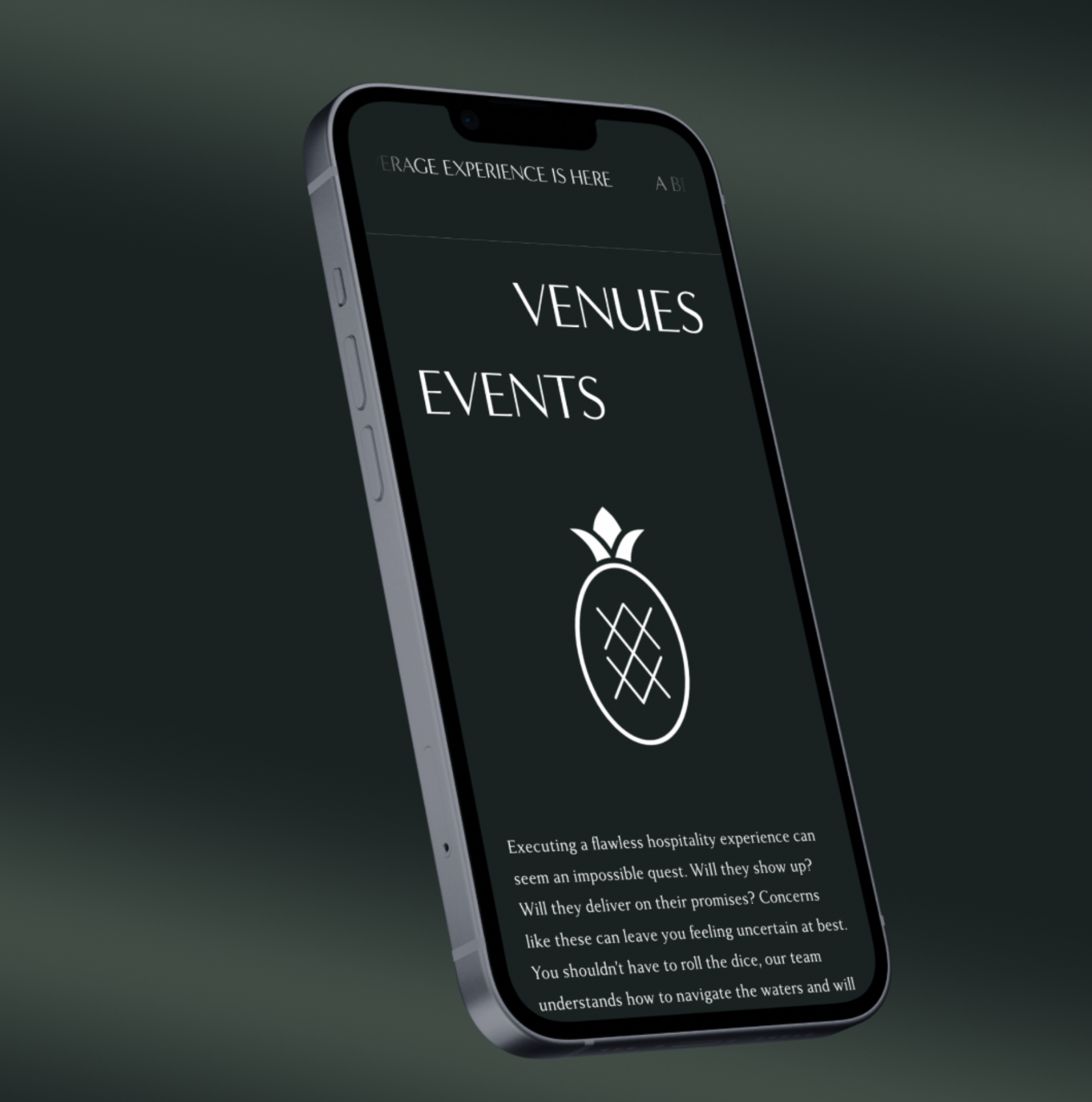 Smartphone displaying a menu with options 'Venues' and 'Events' and a pineapple icon, with text about executing a hospitality experience.