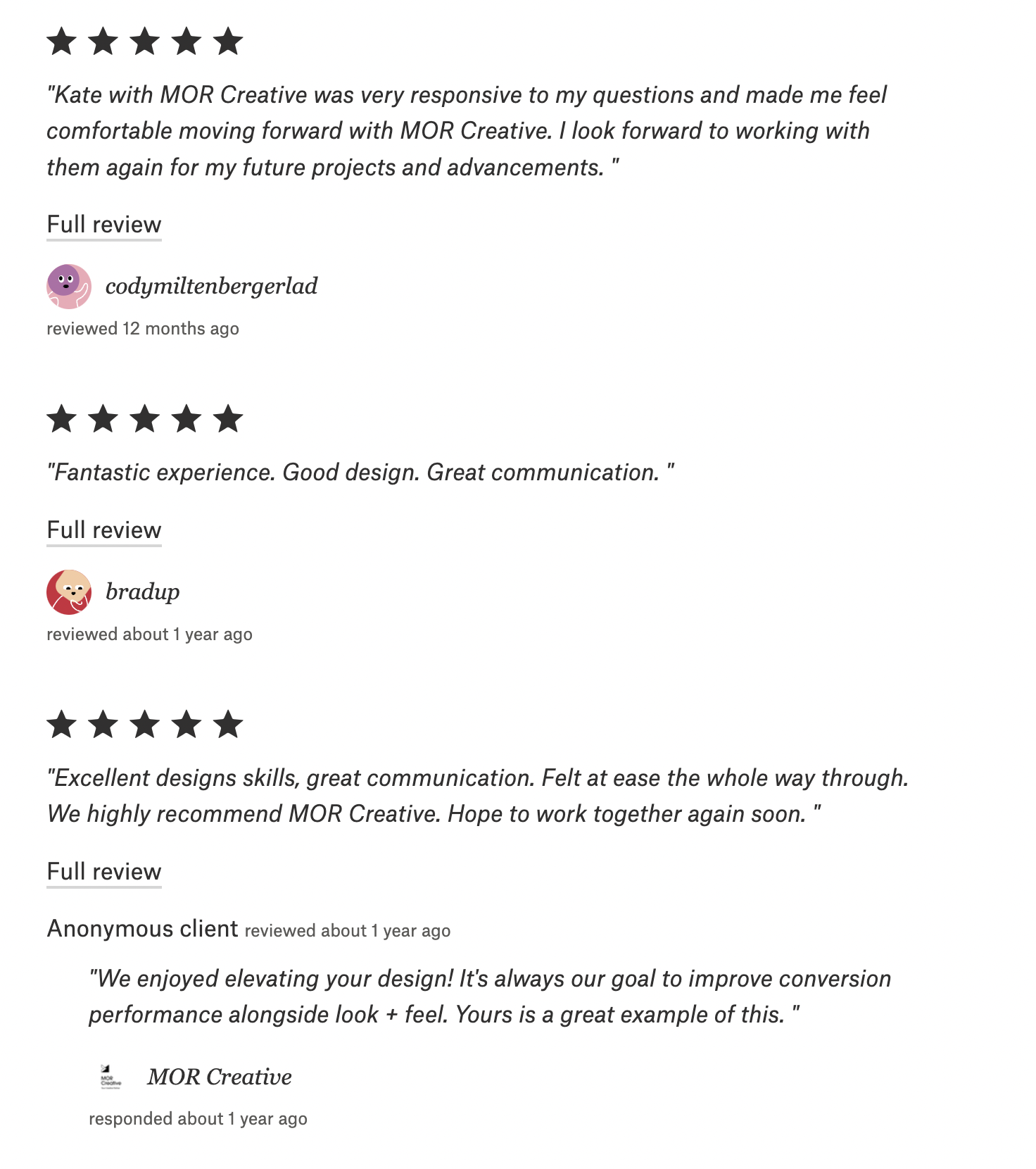Screenshot of online reviews with star ratings and feedback for a creative agency, MOR Creative. The reviews praise responsiveness, design skills, communication, and project outcomes.