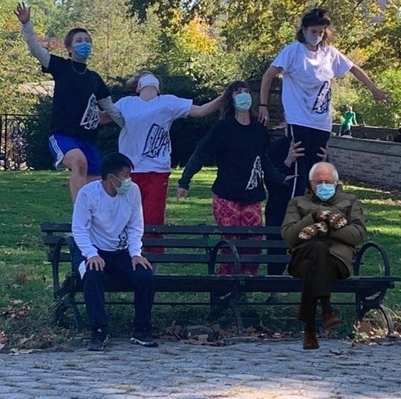 An unexpected audience member from our last showcase...
@projectherkimer 😂

[Image description: Five Project Herkimer dancers clad in white and black t-shirts, multicolored adidas pants and leggings, and covid masks, hover atop a lawn behind a park 