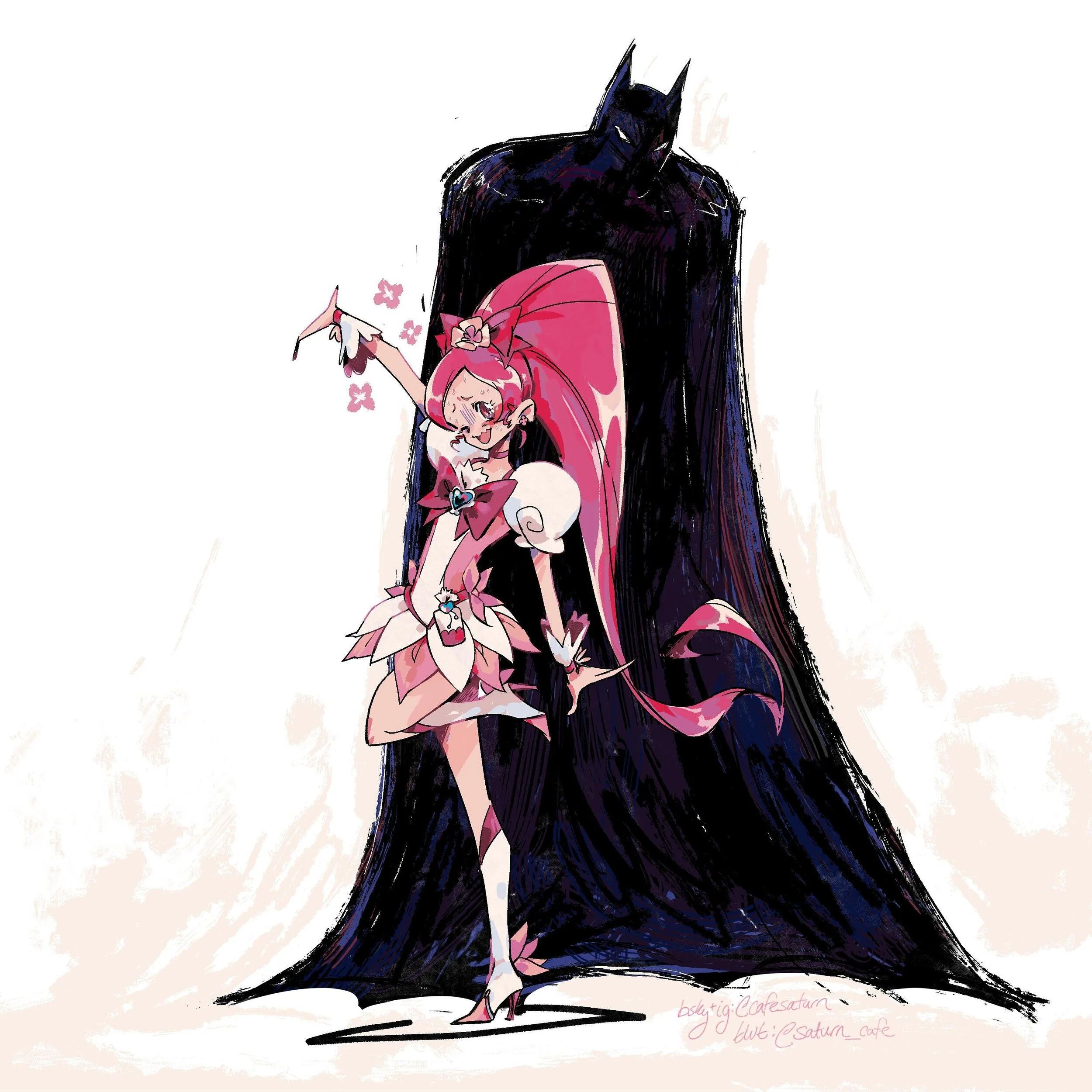 Ive been looking at Heartcatch Precure for class and reading a lot of Batman for fun&hellip; a study in contrasts. Dont worry, Cure Blossom! Batman&rsquo;s not so bad!! #heartcatchprecure #cureblossom #batman #fanart #ハートキャッチプリキュア