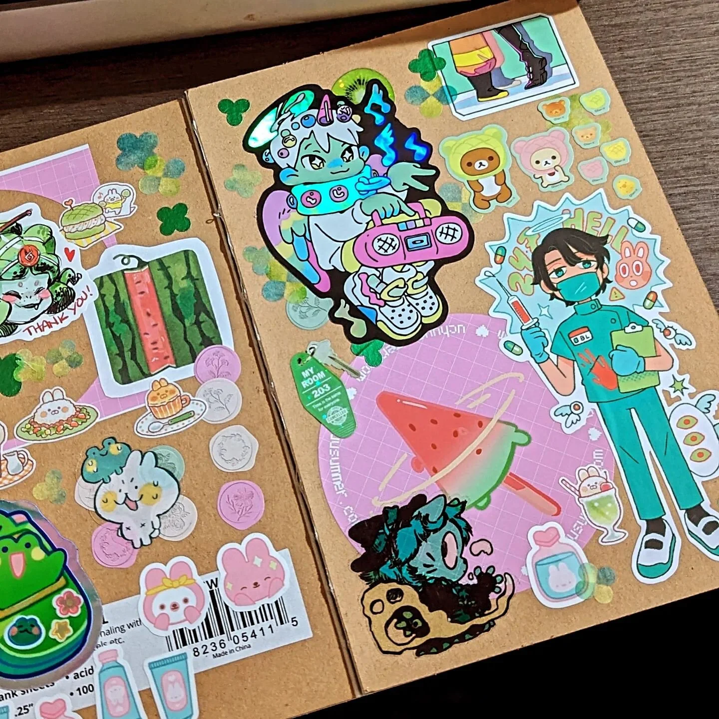 If youre like me and you have too many stickers, I highly recommend keeping a sketchbook and covering it with 'em!!

(I don't remember who made all of these!! This includes stickers by: uchuu summer, pepperoncini, onibonito, liliuhms, joutp and giraf