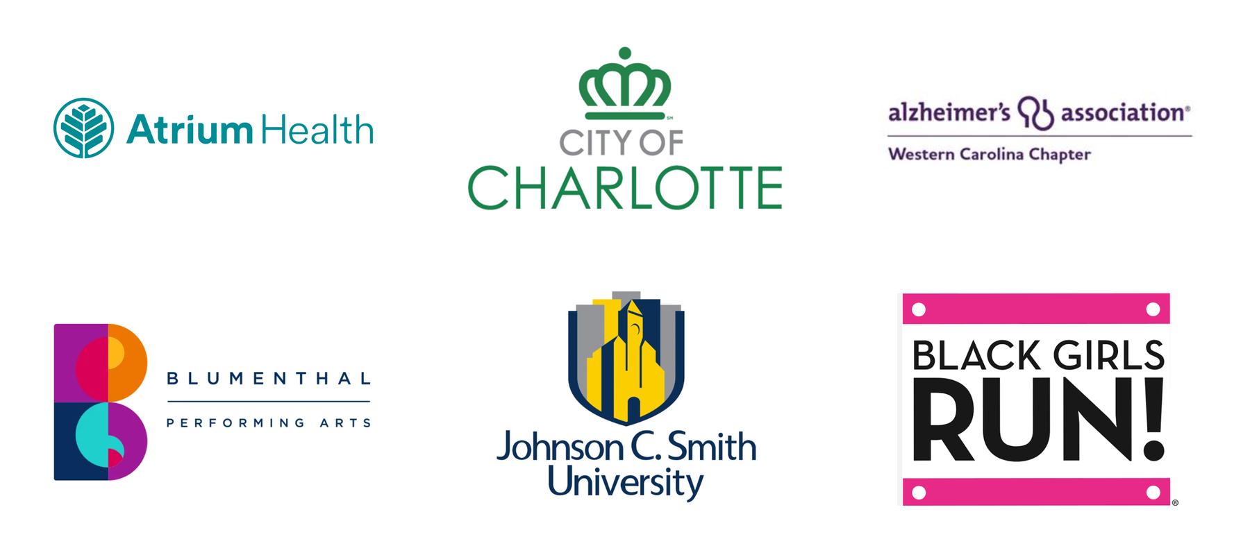 Logos of organizations Brigida Mack has worked with, including Atrium Health, City of Charlotte, Alzheimer’s Association Western Carolina Chapter, Blumenthal Performing Arts, Johnson C. Smith University, and Black Girls RUN!