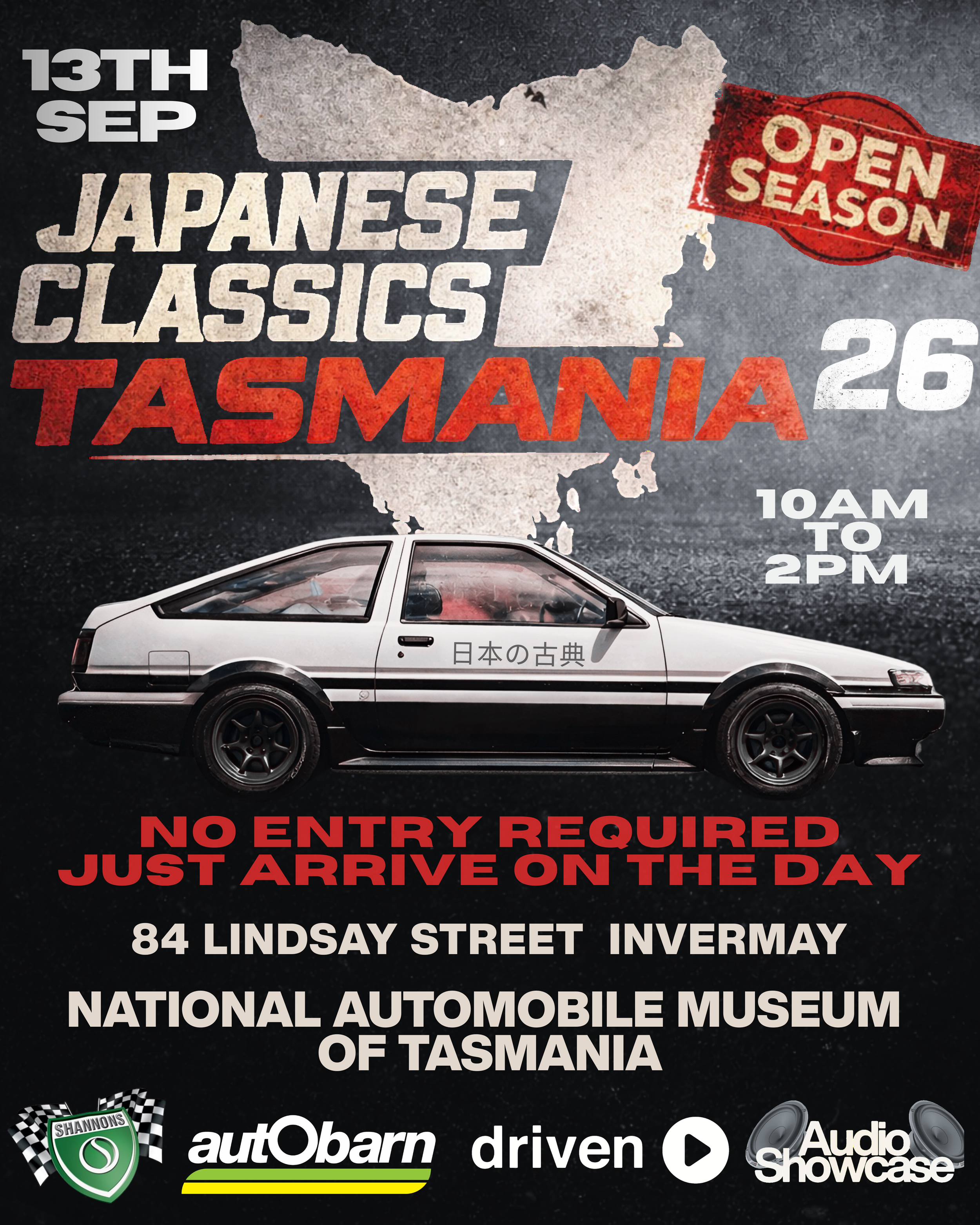 Event poster for the Japanese Classics Tasmanian car show on September 13th, from 10 AM to 2 PM at 84 Lindsay Street, Invermay, Tasmania. Features a white vintage car with Japanese characters on the side, and logos of autoObarn and Audio Showcase.