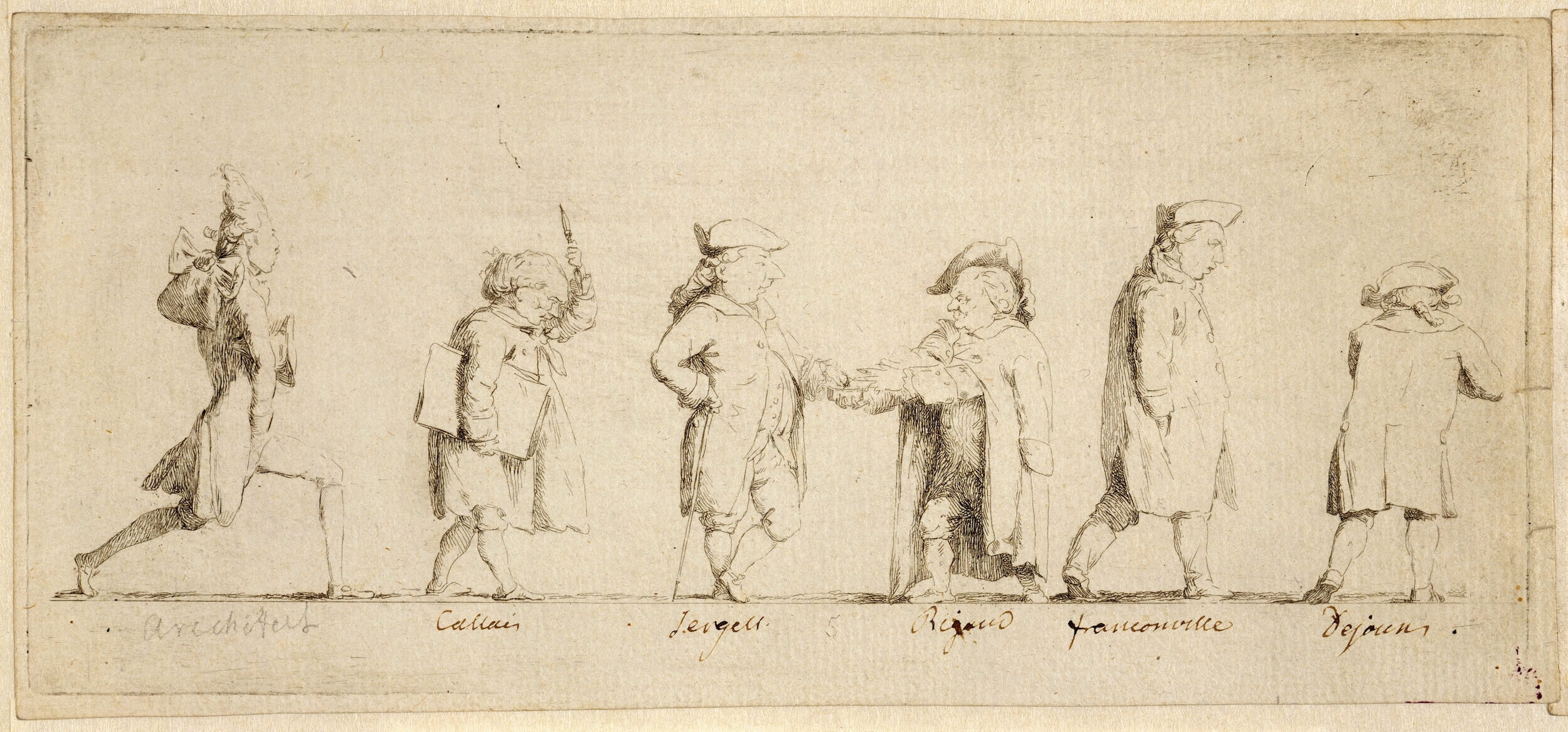   Fig.5  Moricaud Franconville (verksam 1700-talet) konstnär och Jean-Baptiste Stouf (1742–1826) inventor, Utländska konstnärsstipendiater i Rom, 7, c. 1772. Etsning. Ett av åtta blad som är delvis hopklistrade och monterade tillsammans i en passepar