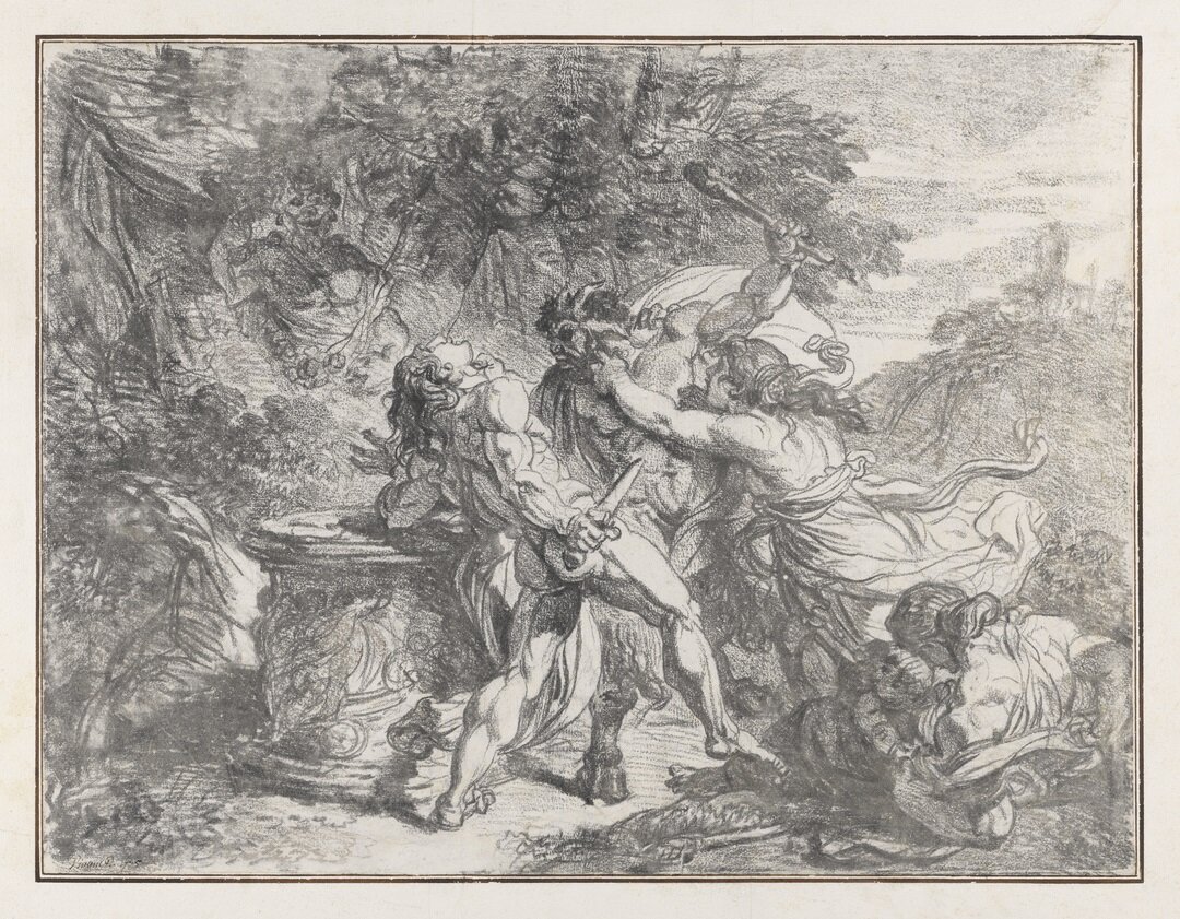   Fig.6  François-André Vincent (1746–1816), Strid med kentaur. Svartkrita på papper. Contre-épreuve, 408 x 457 mm. Nationalmuseum, NMH 1678/1875. Foto: Viktor Fordell/Nationalmuseum.  