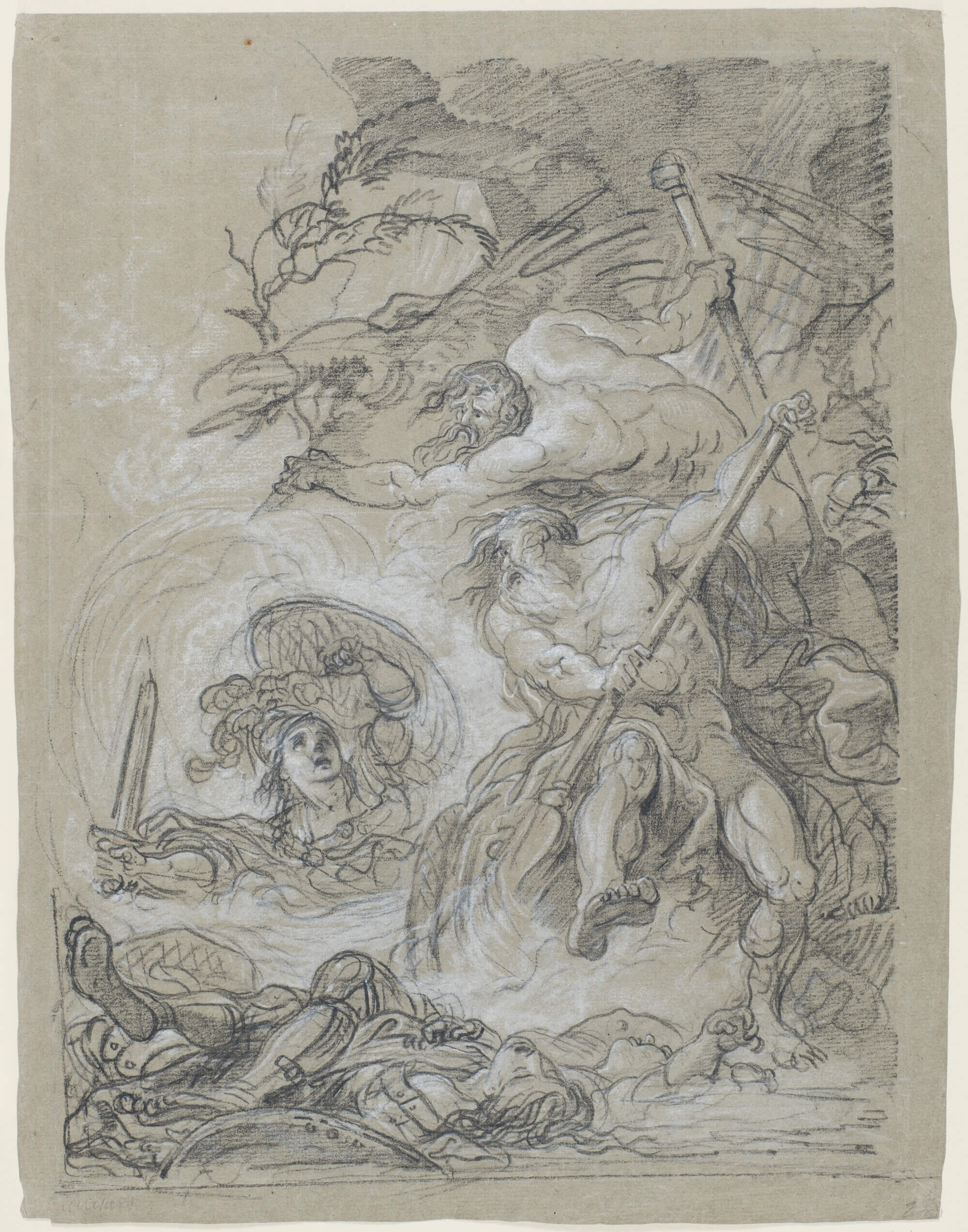   Fig.7  François-André Vincent (1746–1816), Akilles driver sina fiender ut i floden Scamander. Svartkrita, förhöjd med vitt, på papper, 493 x 380 mm. Nationalmuseum, NMH 1690/1875. Foto: Cecilia Heisser/Nationalmuseum.    