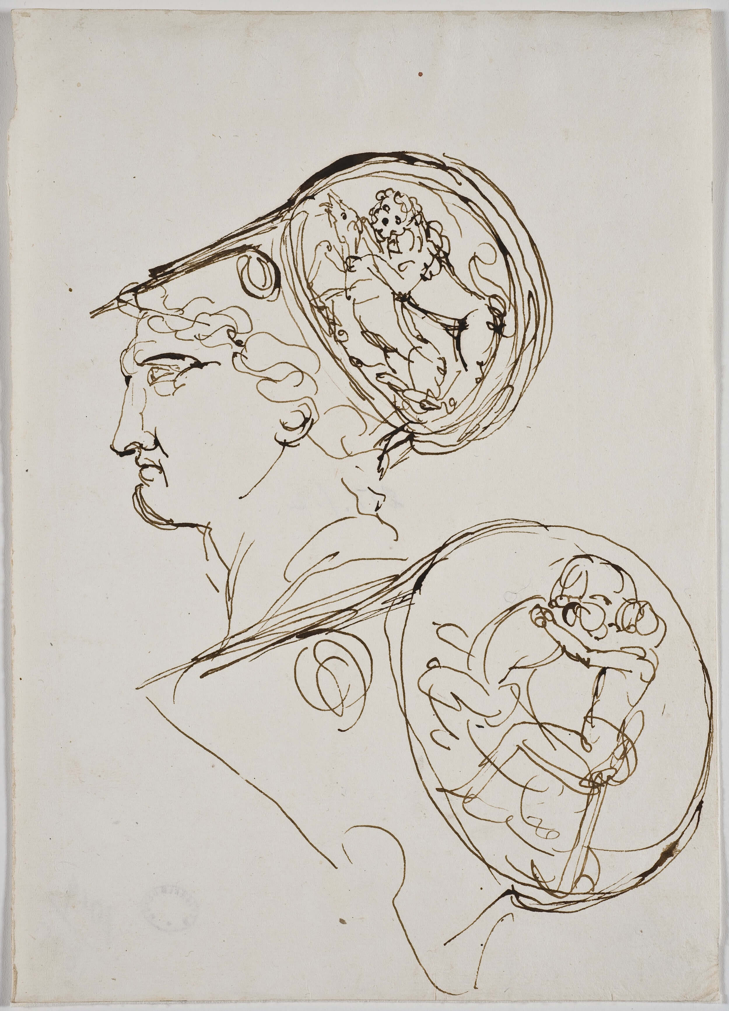   Fig.8  Johan Tobias Sergel (1740–1814), Diomedes, två skisser av hjälm och huvud i profil. Penna och brunt bläck på papper, 278 x 107 mm. Nationalmuseum, NMH 1019/1875. Foto: Erik Cornelius/Nationalmuseum. 
