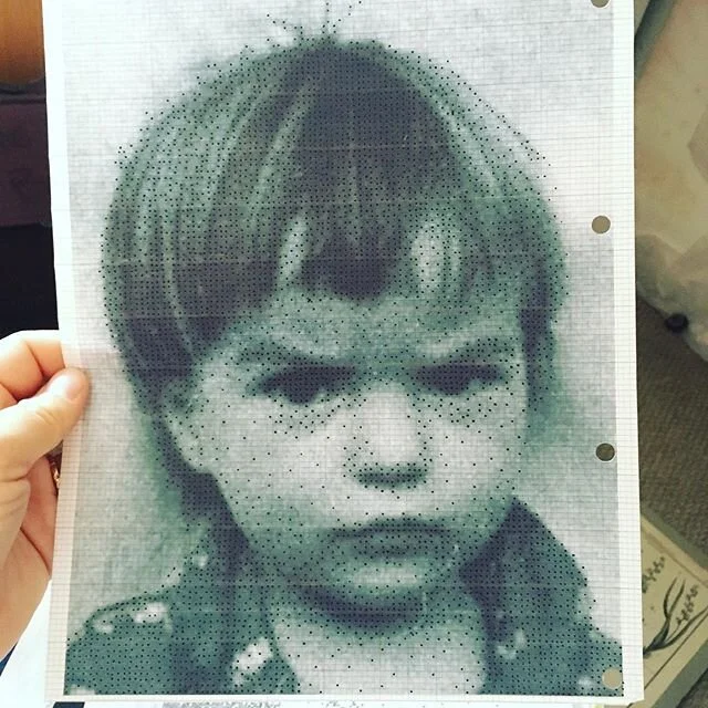 Carrying on with process shots from the old work I found. This one is called &ldquo;Self portrait as a cruel child&rdquo;, here you can see the photo with marks over it, then the marks transcribed to graph paper, then drawn over with the letters and 