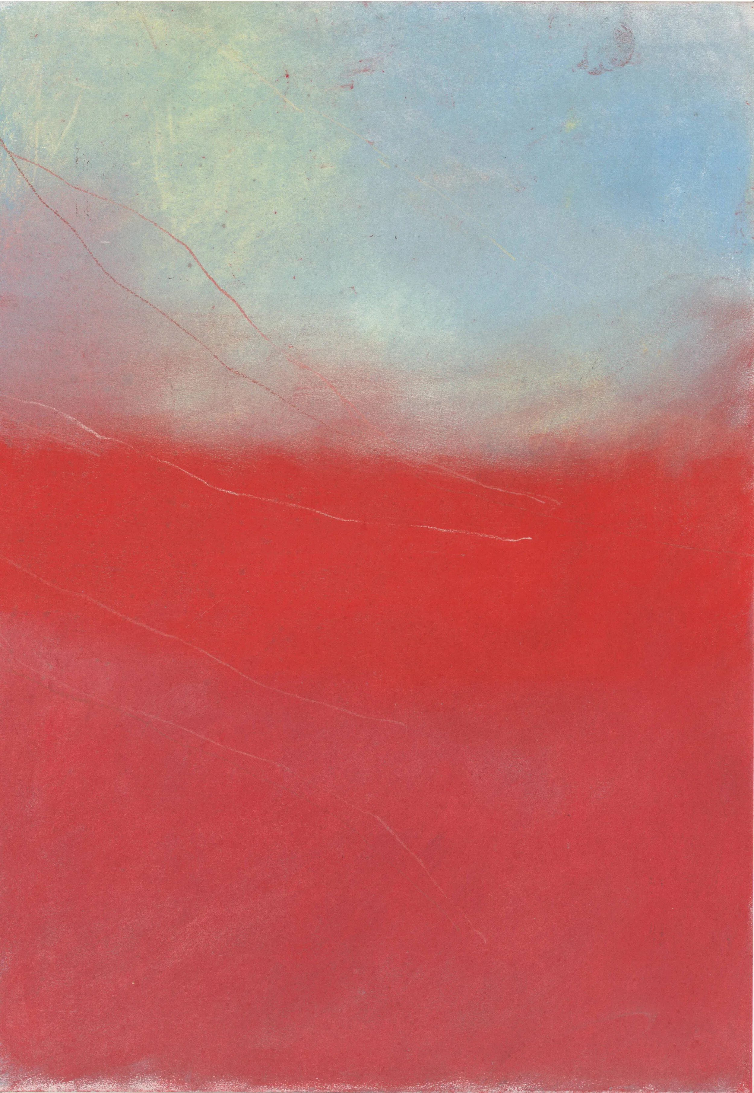 A painting featuring vibrant red clouds set against a stark white background, creating a striking contrast.
