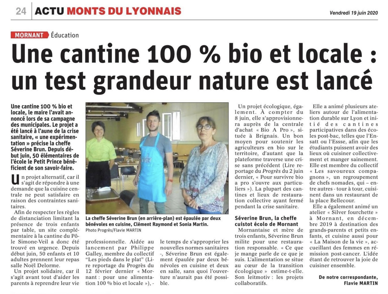 19/06/20 - Actu monts du lyonnais : une cantine 100% bio et locale, un test grandeur nature est lancé