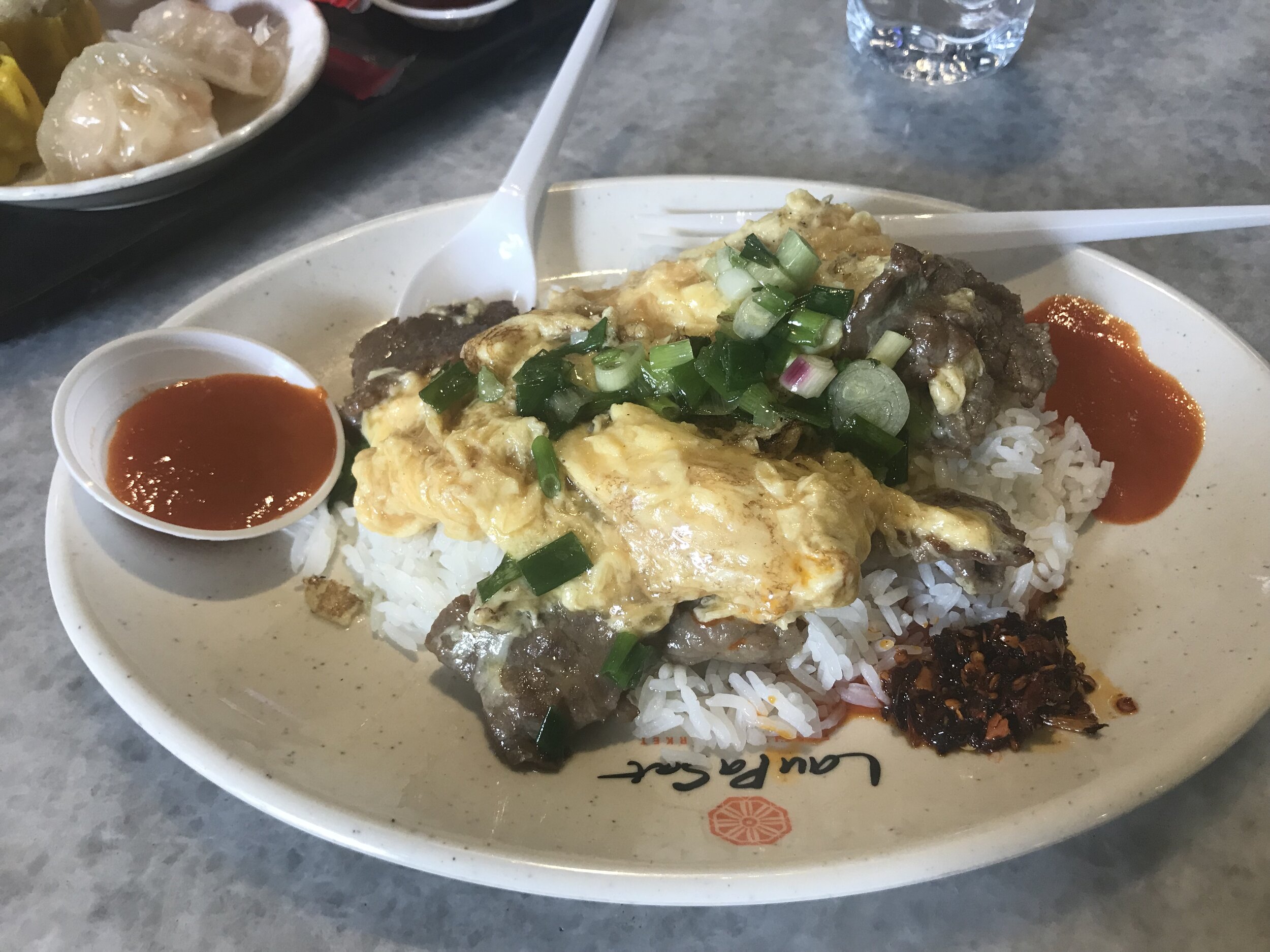 eggy beef rice with hot sauce