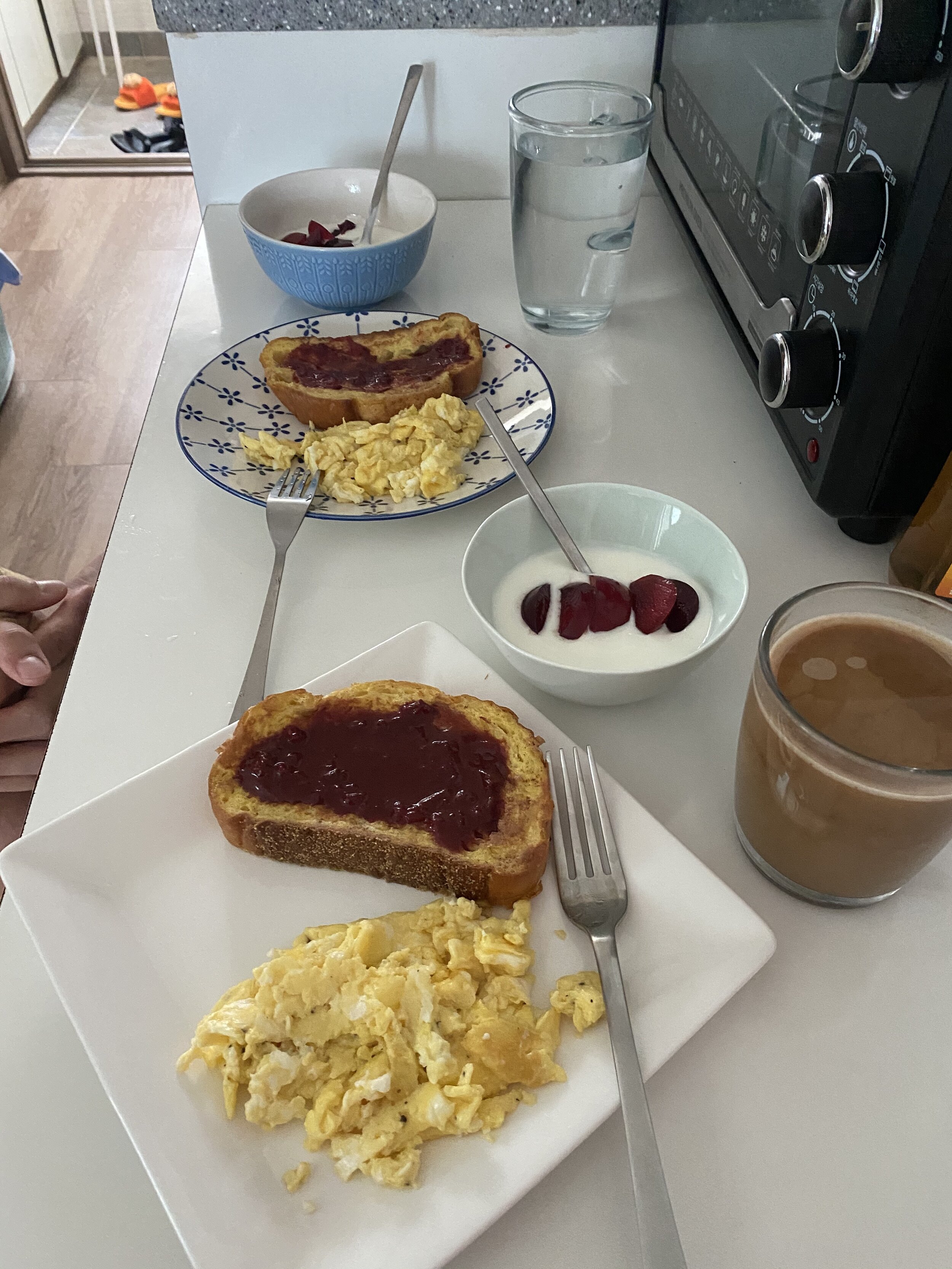 eggs, french toast, &amp; plum chocolate compote