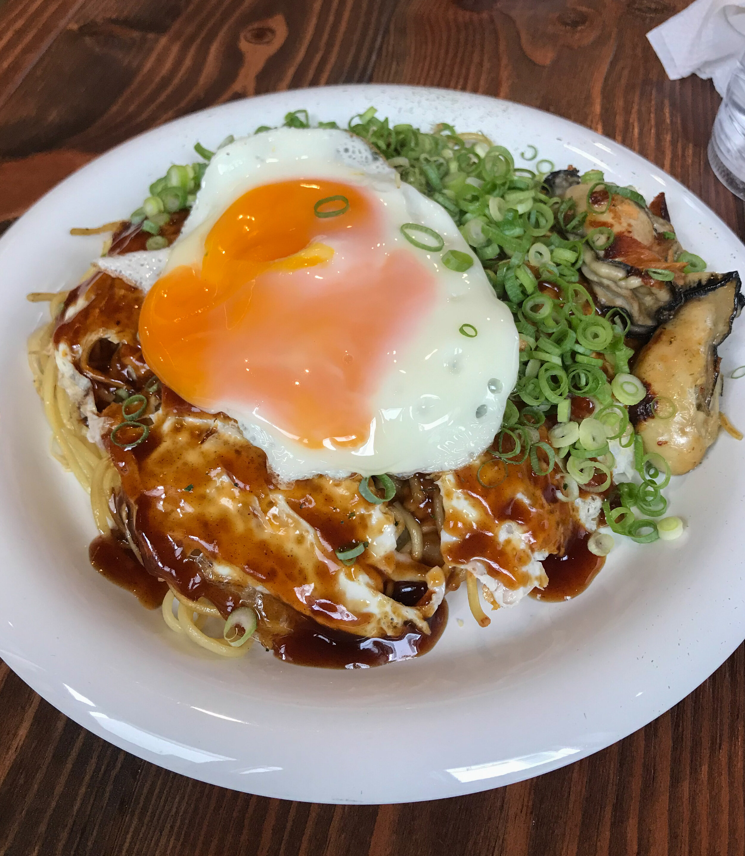 okonomiyaki - noodles, egg, oysters brown sauce and veggies
