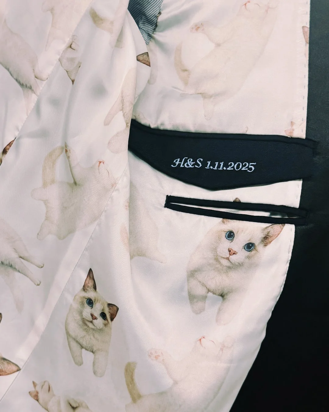 Custom printed jacket lining with ragdoll cat pattern and embroidered wedding date