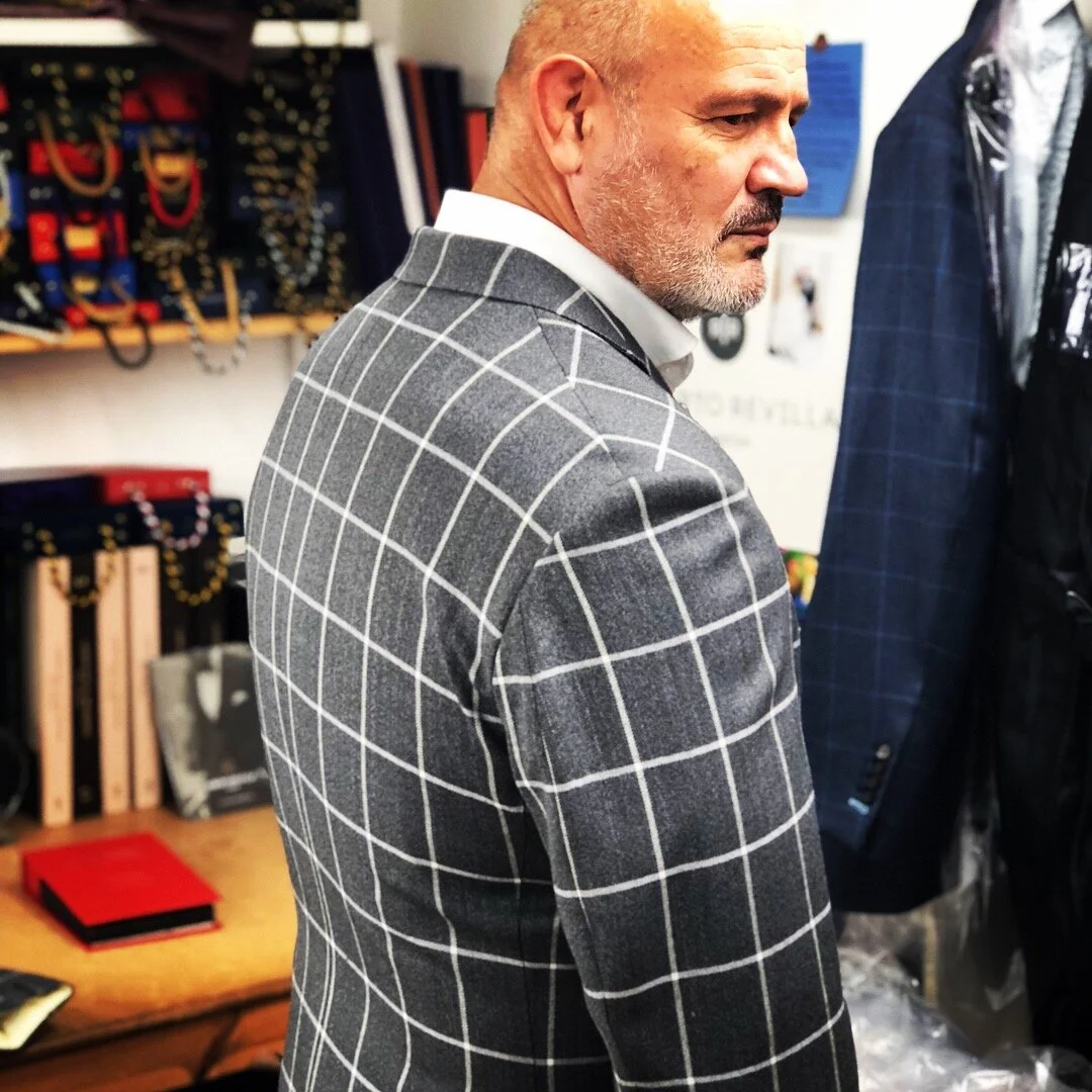 Grey Herringbone Windowpane Bespoke Jacket by Roberto Revilla London, Fabric by Huddersfield Fine Worsteds