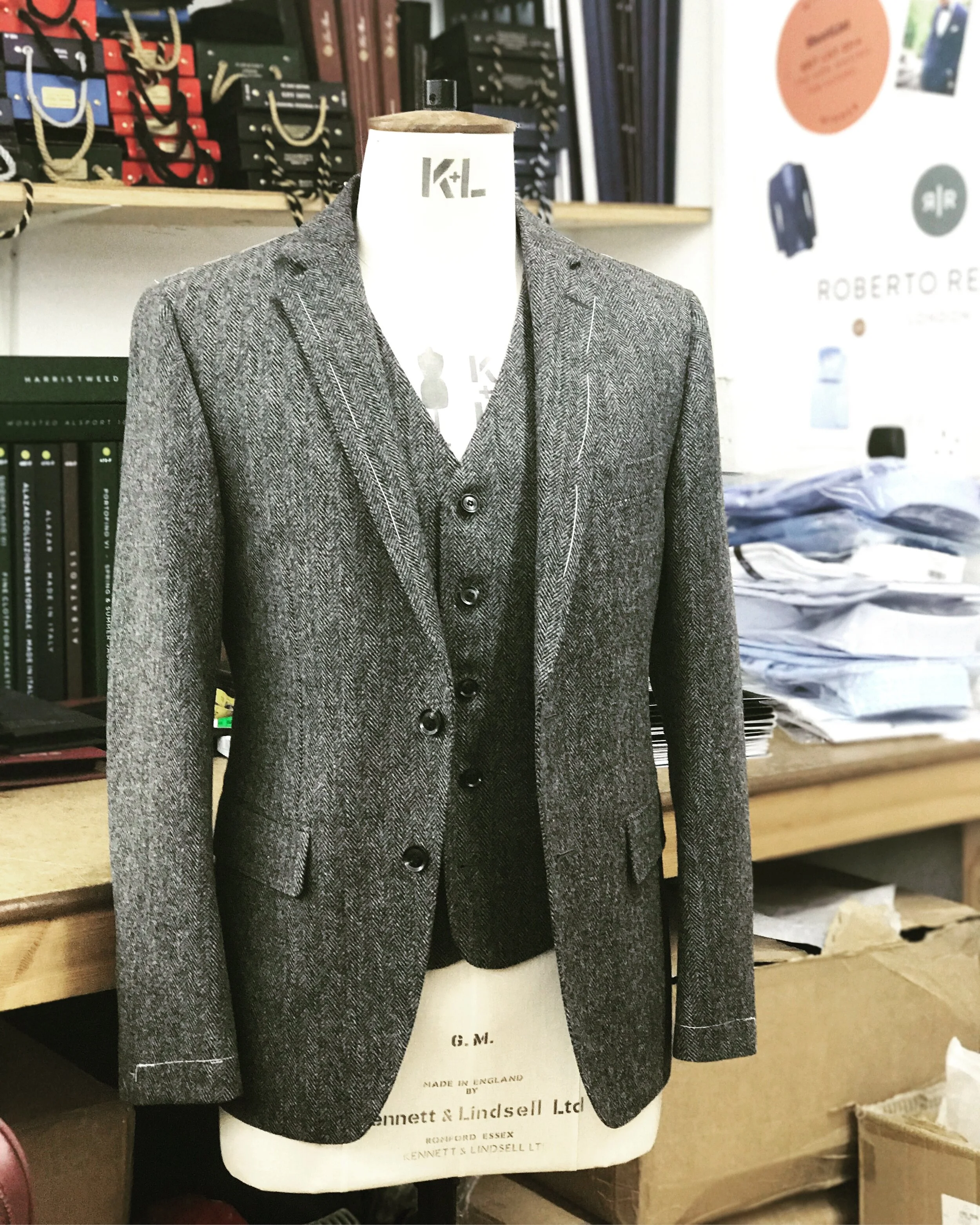 Grey Herringbone Tweed Bespoke Jacket by Roberto Revilla London, Fabric by Dugdale Bros