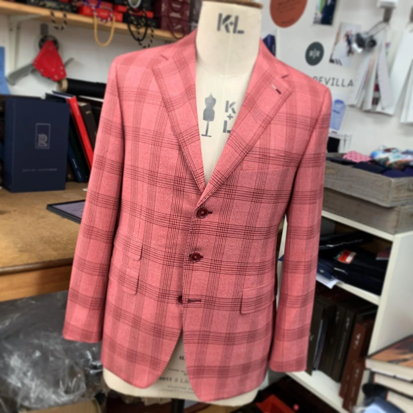 Coral & Burgundy Check Italian Wool Bespoke Jacket by Roberto Revilla London
