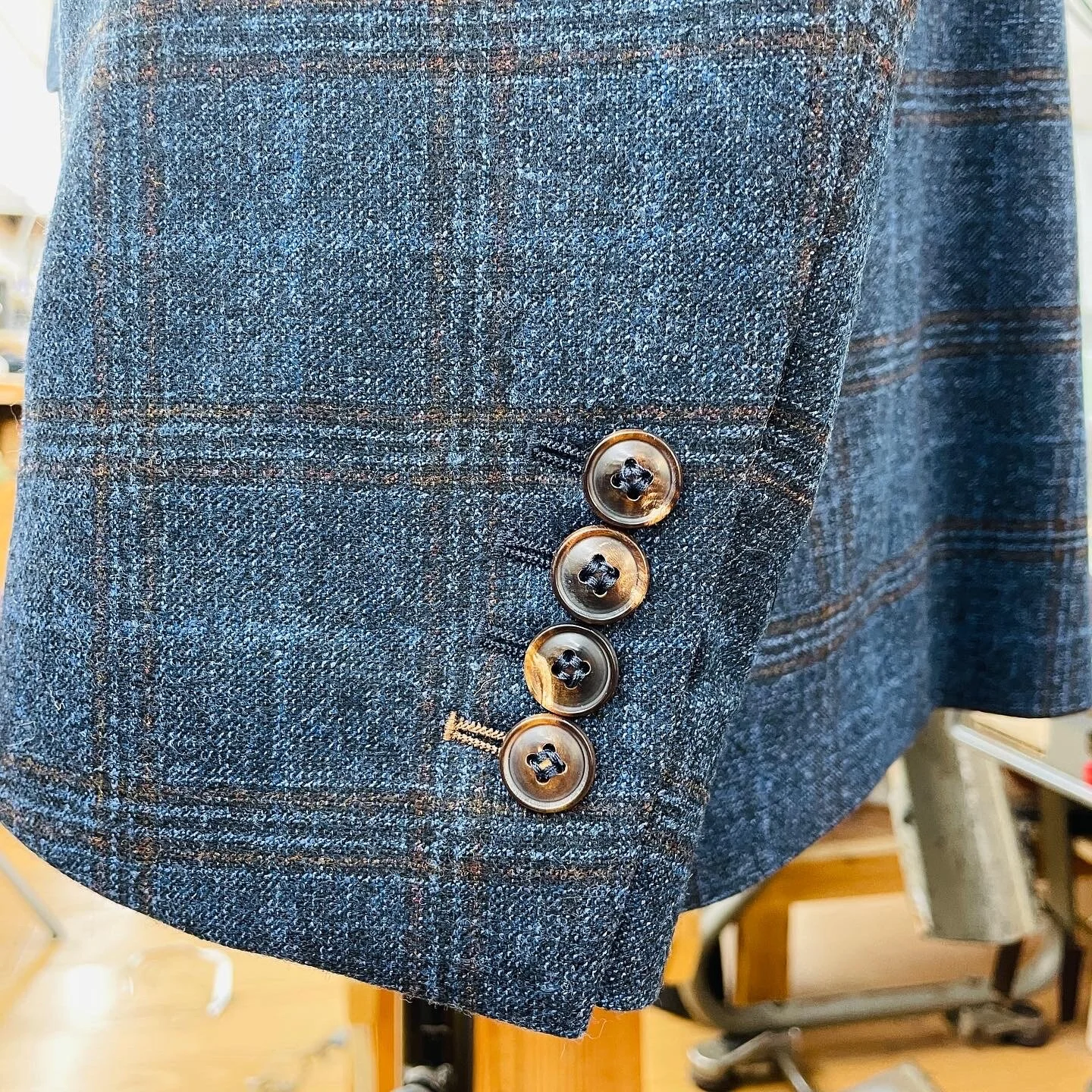 Blue With Brown Check Flannel Jacket by Roberto Revilla London- Brown Horn Buttons and contrast cuff buttonhole detail