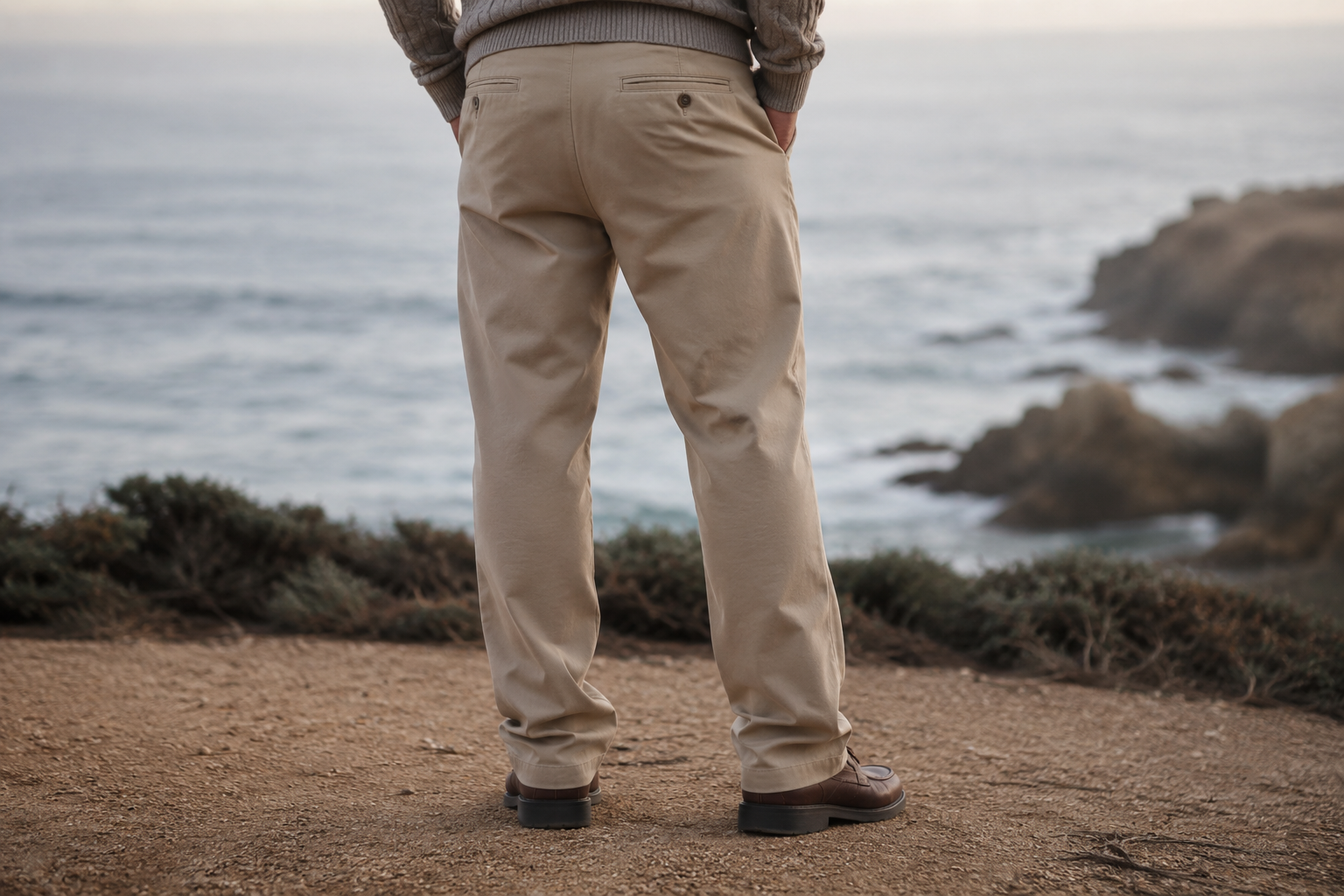 A man in baggy, stretchy chinos as an example of poor fit and fabric
