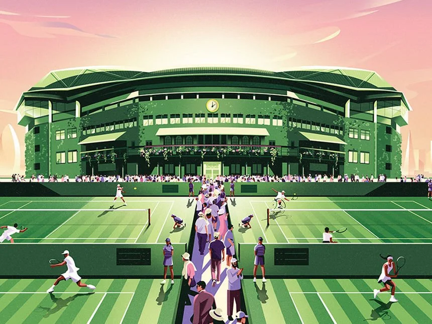 Wimbledon Centre Court illustration with spectators streaming into Centre Court and tennis players playing