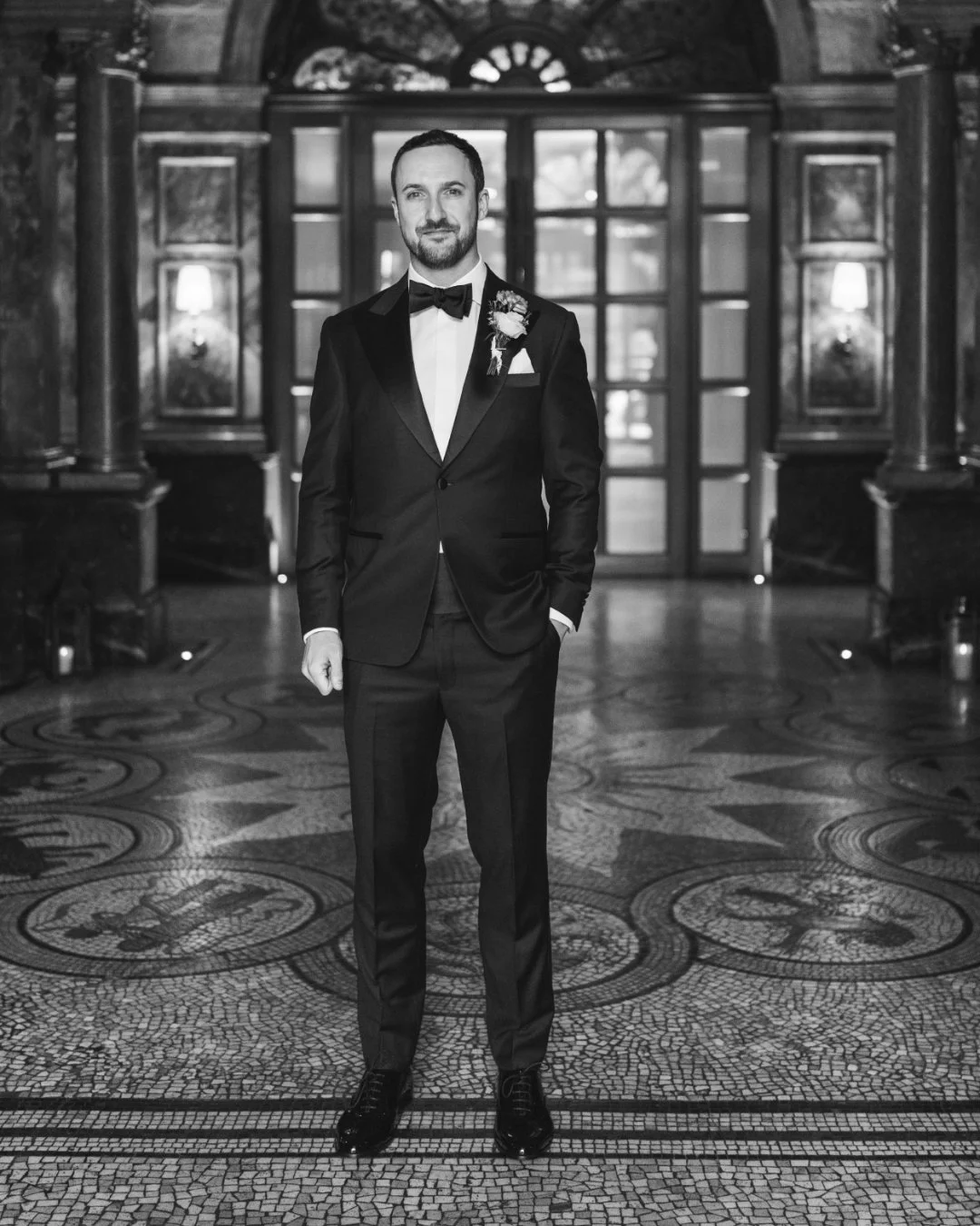 Groom in midnight bespoke dinner suit by Roberto Revilla, Fitzrovia London