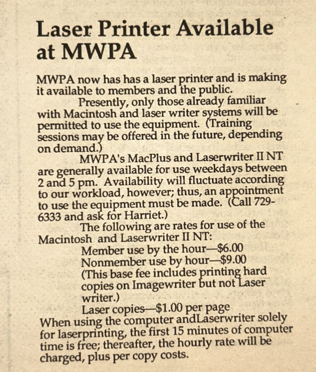 Laser Printer Available at MPWA from February 1989 Maine In Print