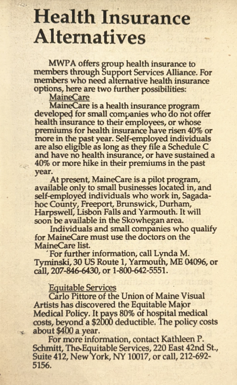 MWPA offers group health insurance to member from February 1989 Maine In Print