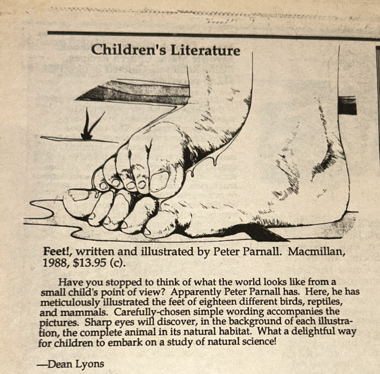  “Here, [Peter Parnall] has meticulously illustrated the feet of eighteen different birds, reptiles, and mammals” from February 1989 Maine In Print 