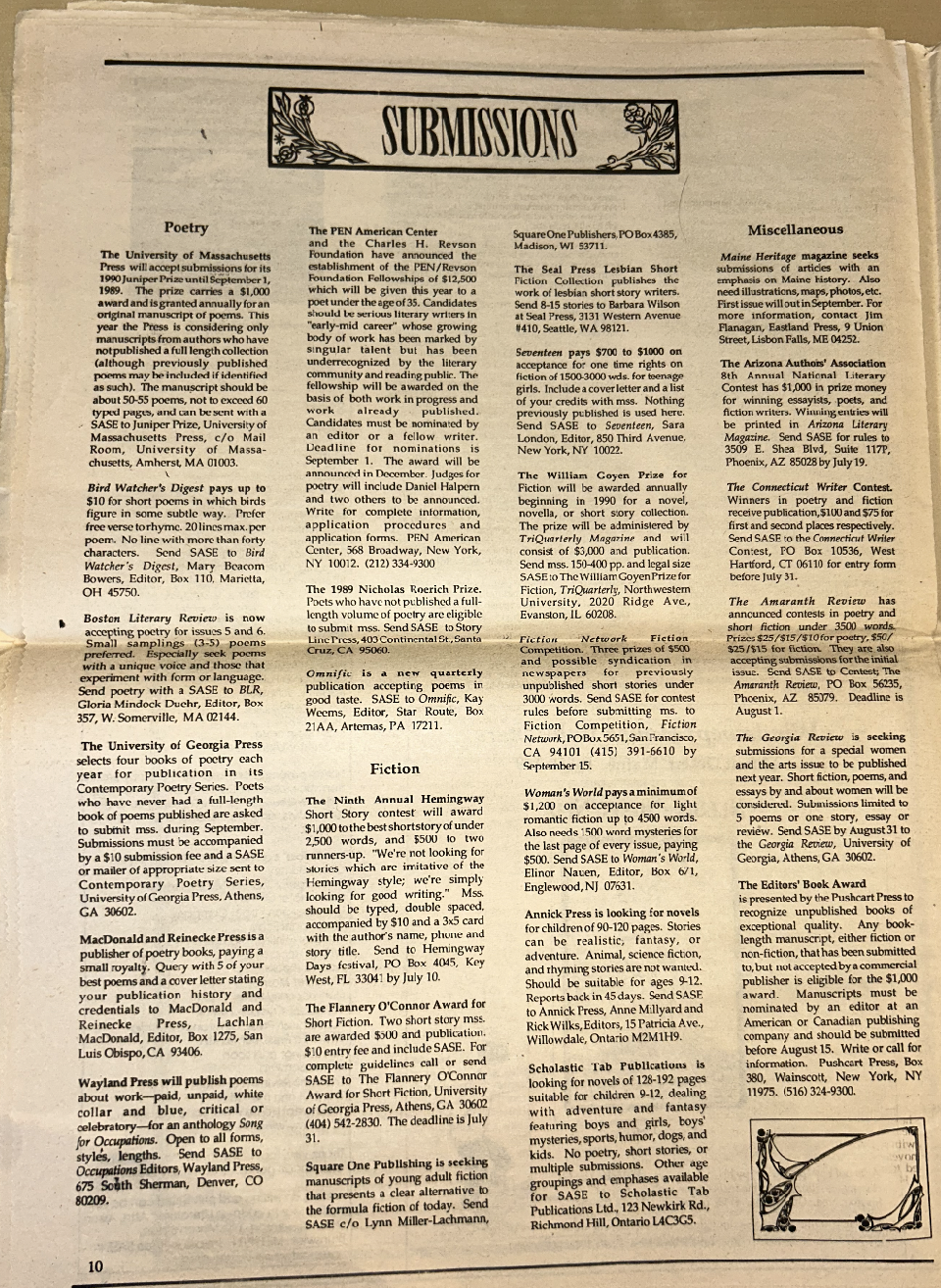Calls for Submissions from July 1989 Maine In Print
