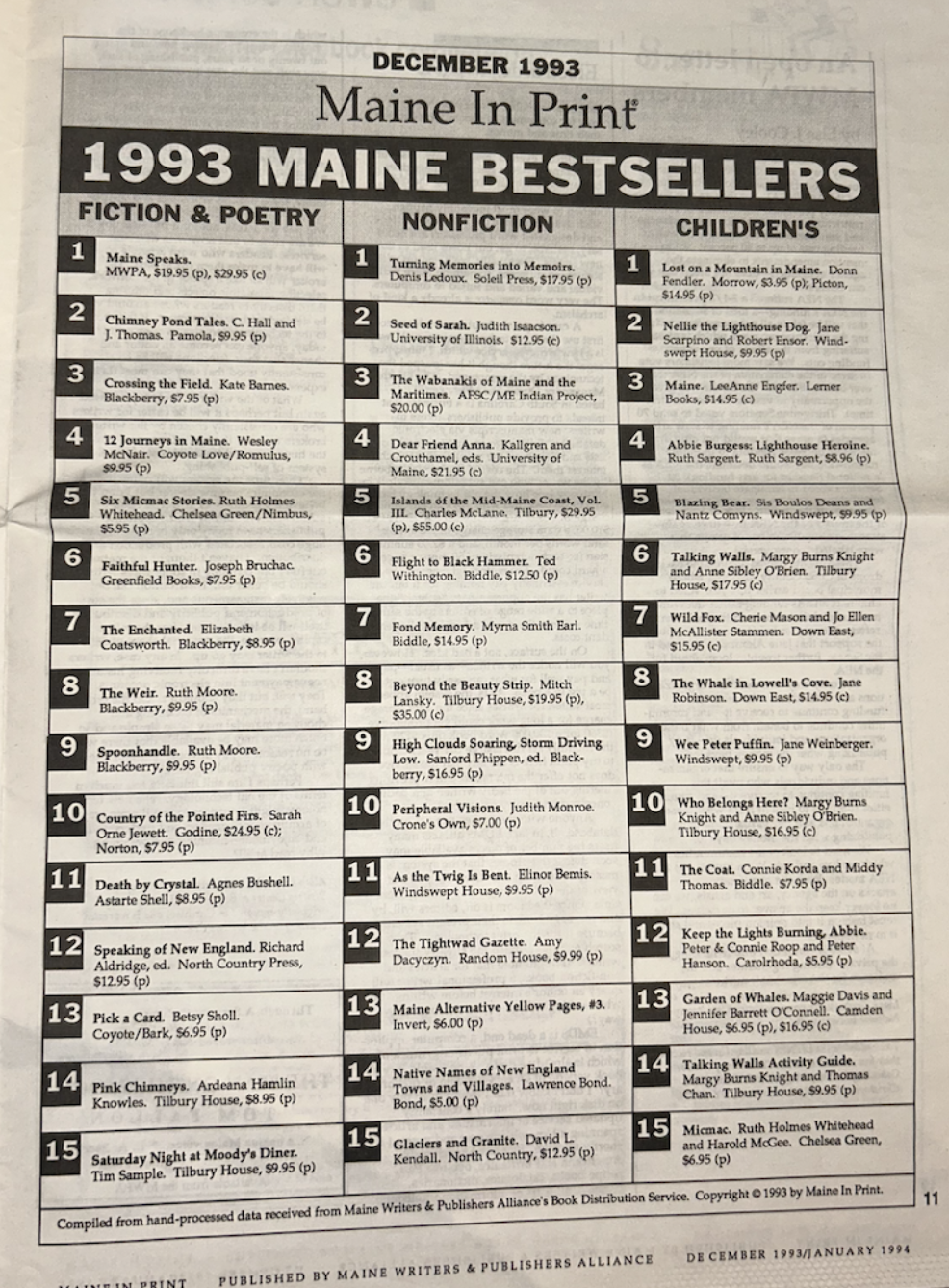 December 1993 Maine In Print: 1993 Maine Bestsellers