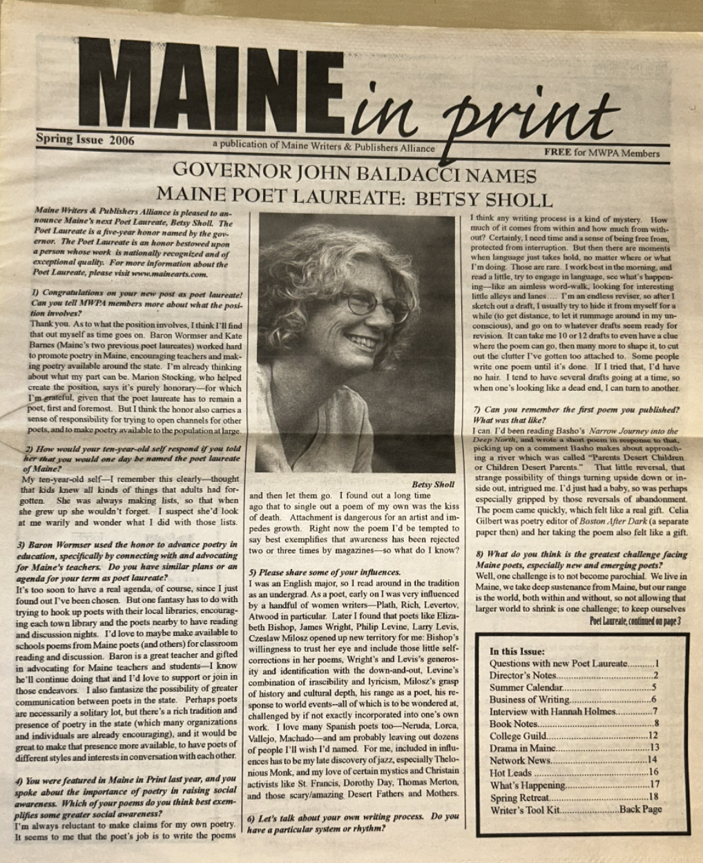 Maine Poet Laureate: Betsy Sholl from Spring 2006 Maine In Print