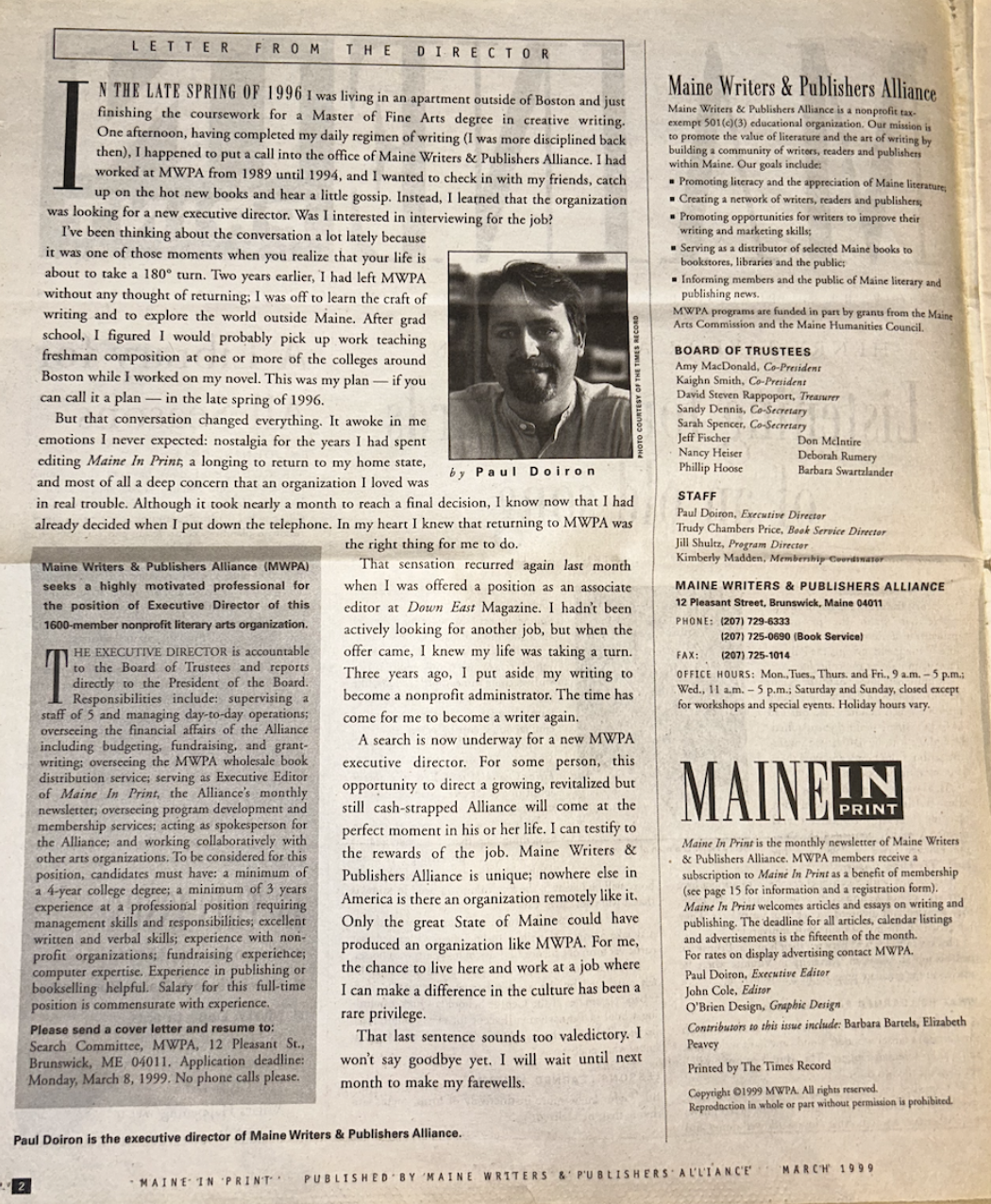 Letter from the Director: PAUL DOIRON from March 1999 Maine In Print