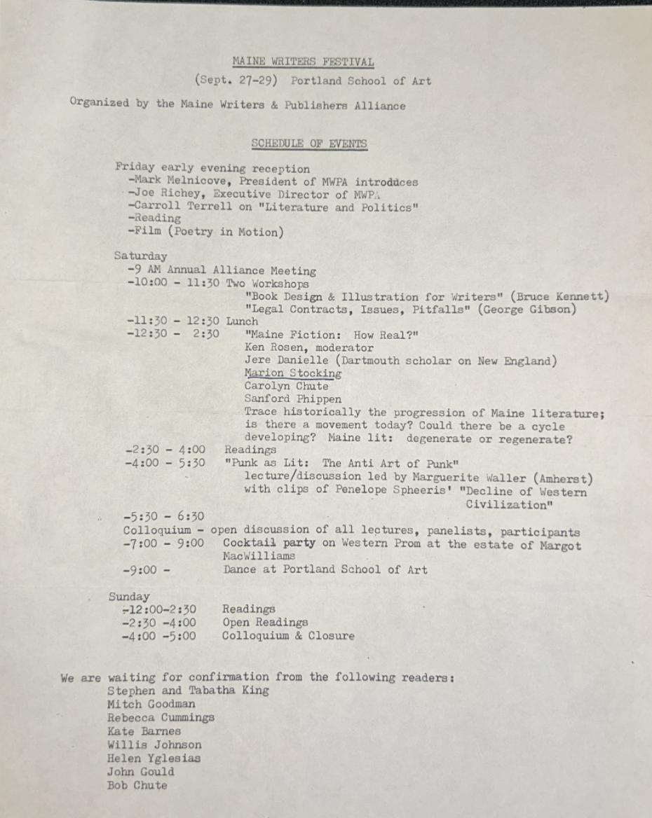 Maine Writers Festival Schedule of Events - Typewritten, year unknown.